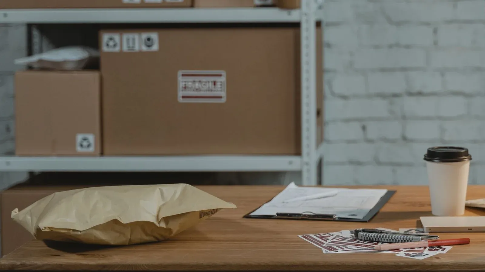 Packing desk with a padded mailer, a clipboard and shipping labels in front of shelves of cartons