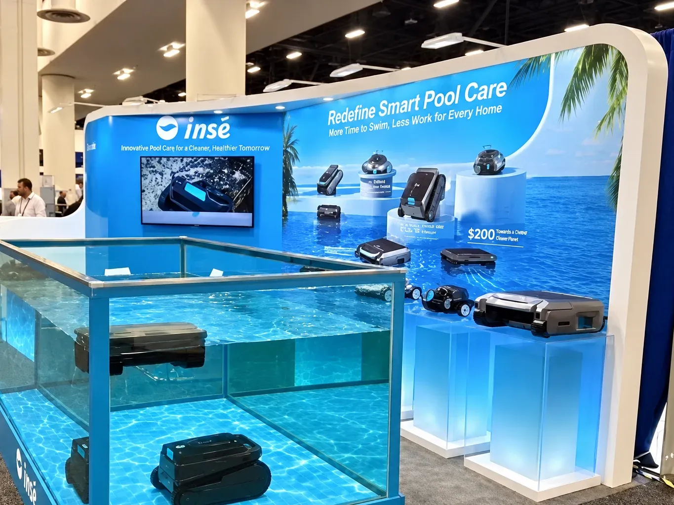Silver Home trade show booth with pool robots on display