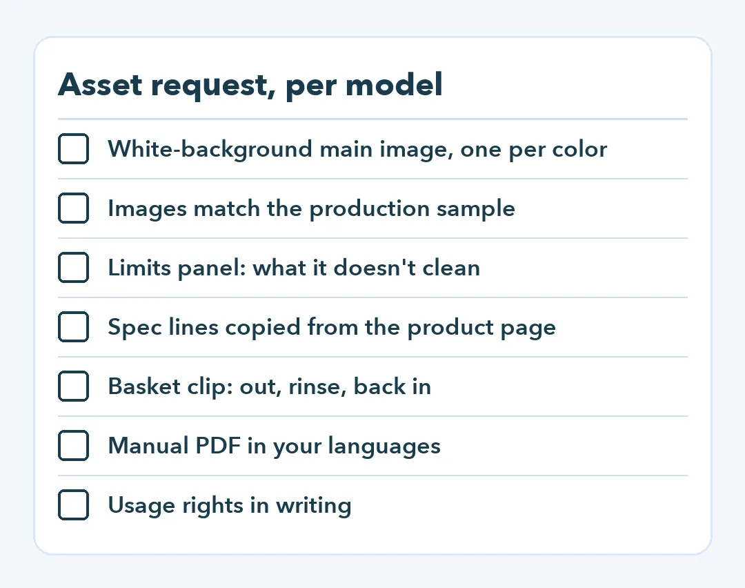 Checklist of seven listing assets to request for each pool robot model, from main images to usage rights