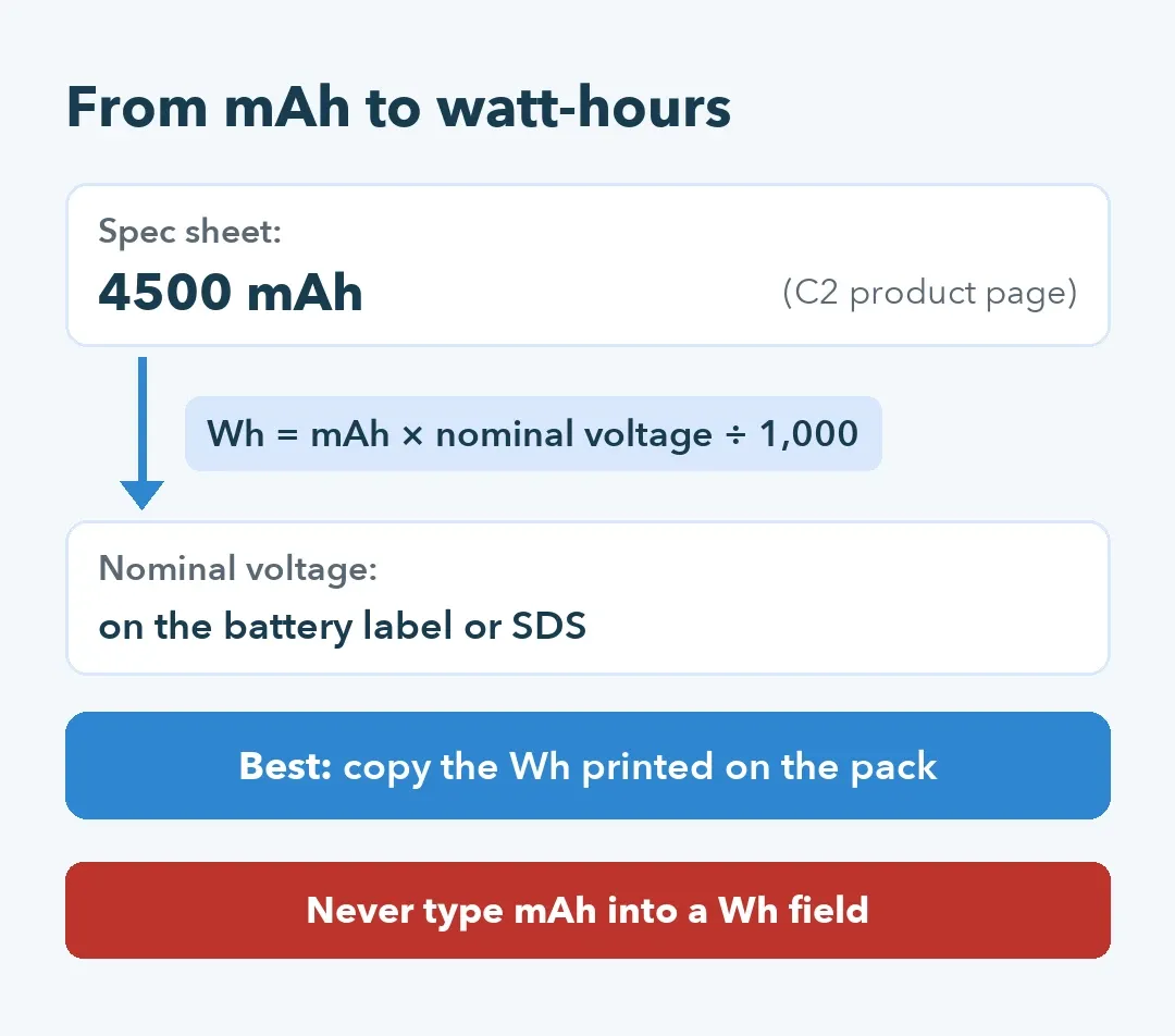 Card showing how to turn the C2's 4500 mAh into watt-hours using the nominal voltage on the battery label