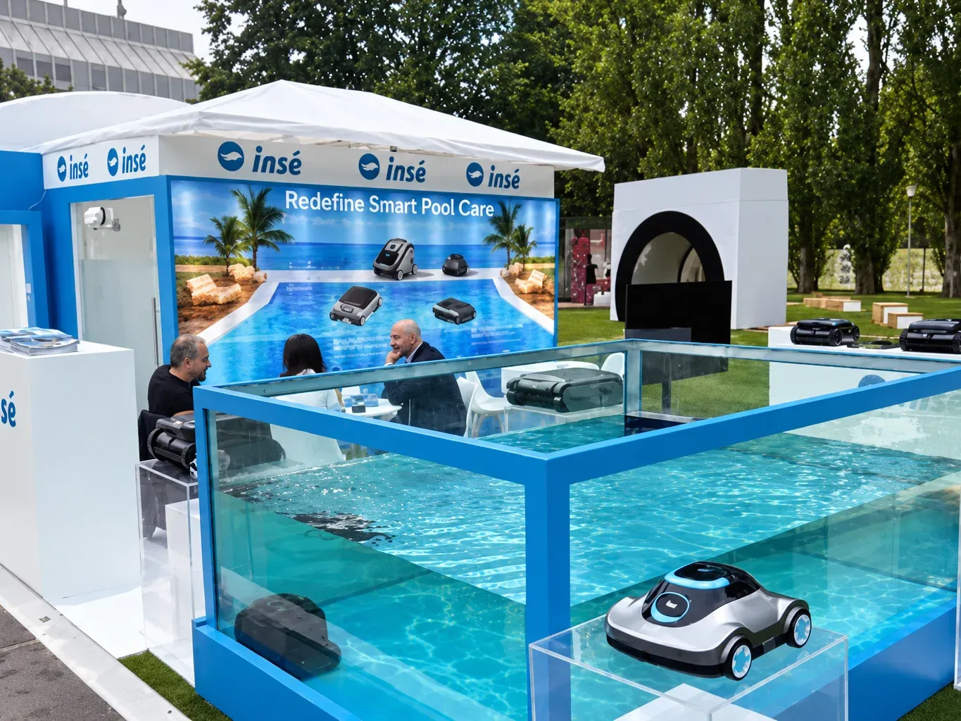 Silver Home outdoor pool robot booth with a water tank demo at an international trade show