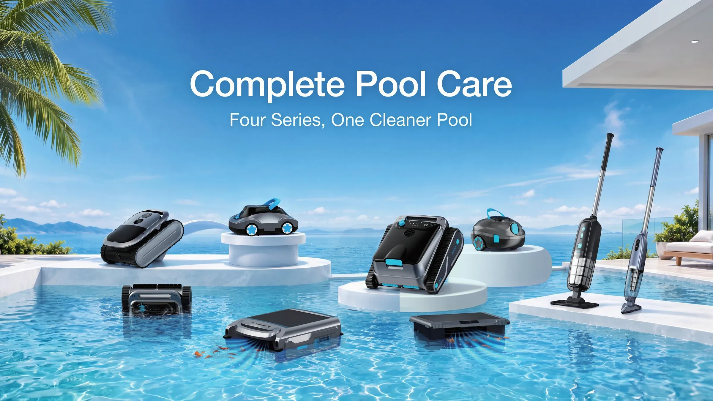 Silver Home pool cleaning range: floor-only, full-coverage, surface skimmer and handheld models
