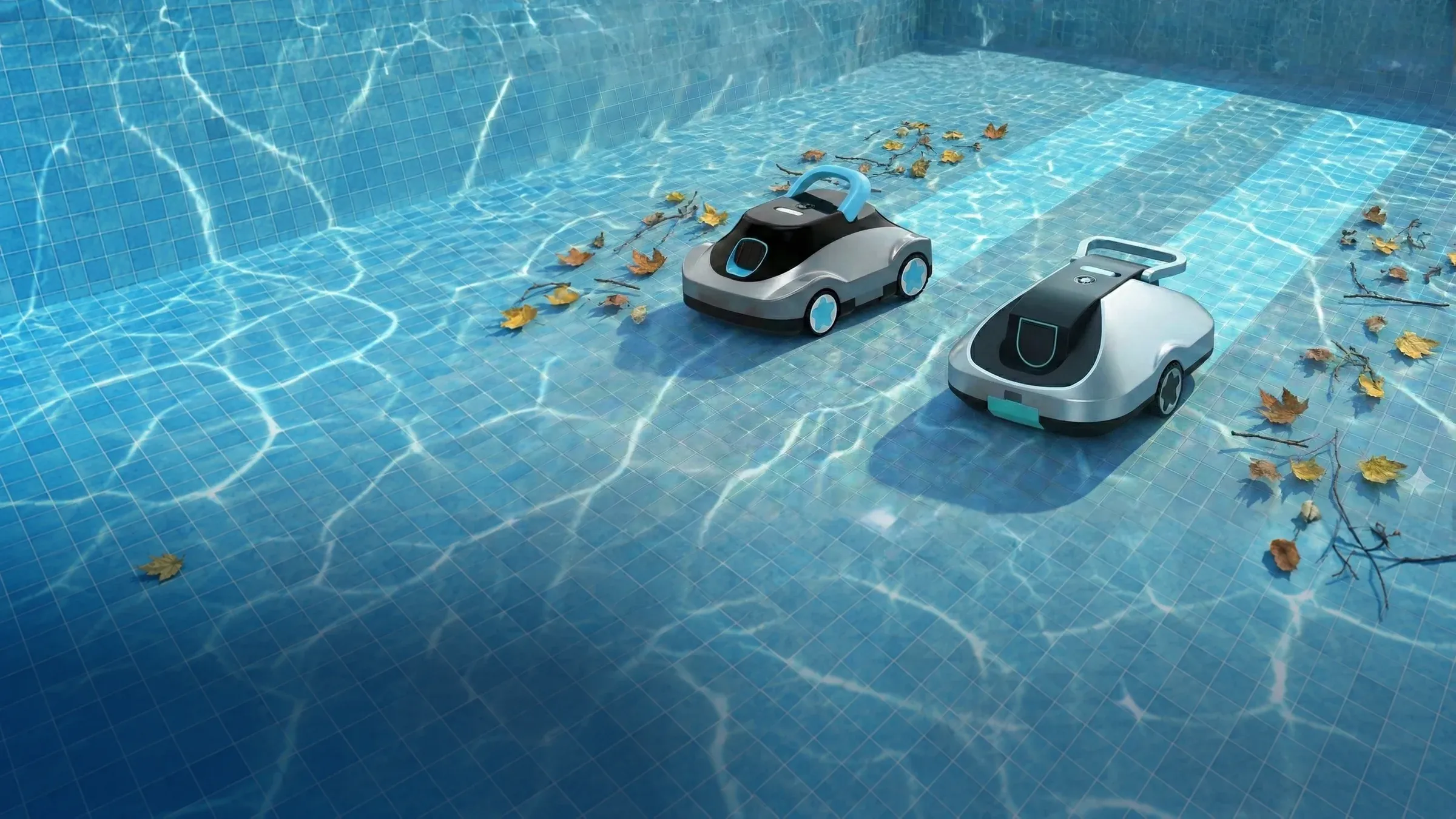 C1 and C5 floor-only pool robots cleaning leaves on a tiled pool floor