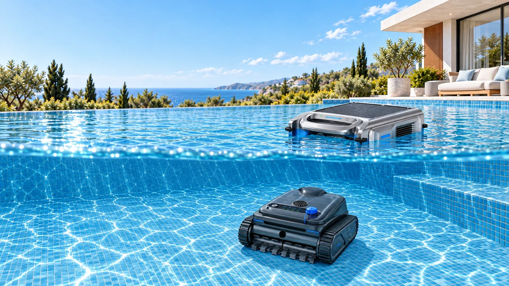 S100 skimmer on the water surface above the Y50S robot cleaning the pool floor
