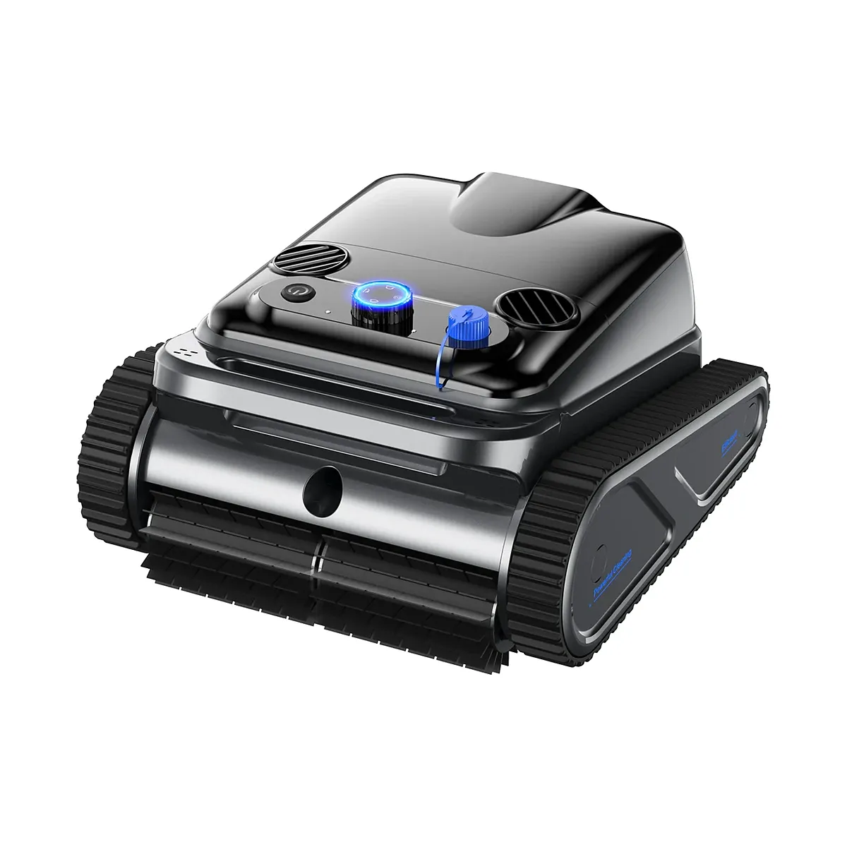 Y50 tracked robotic pool cleaner in black with roller brushes and a top control dial, on white