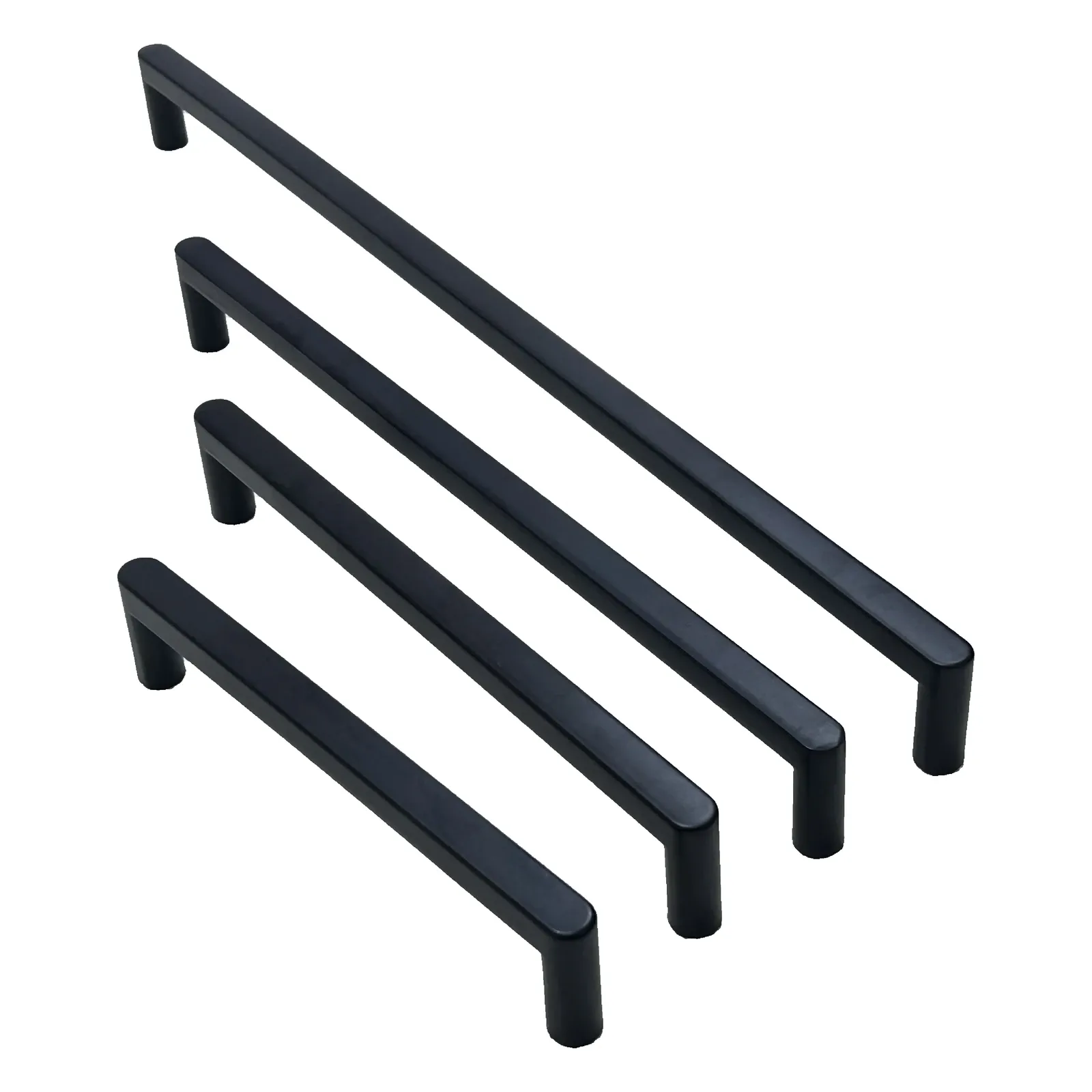 Four matte black square bar pulls arranged in order from shortest to longest.