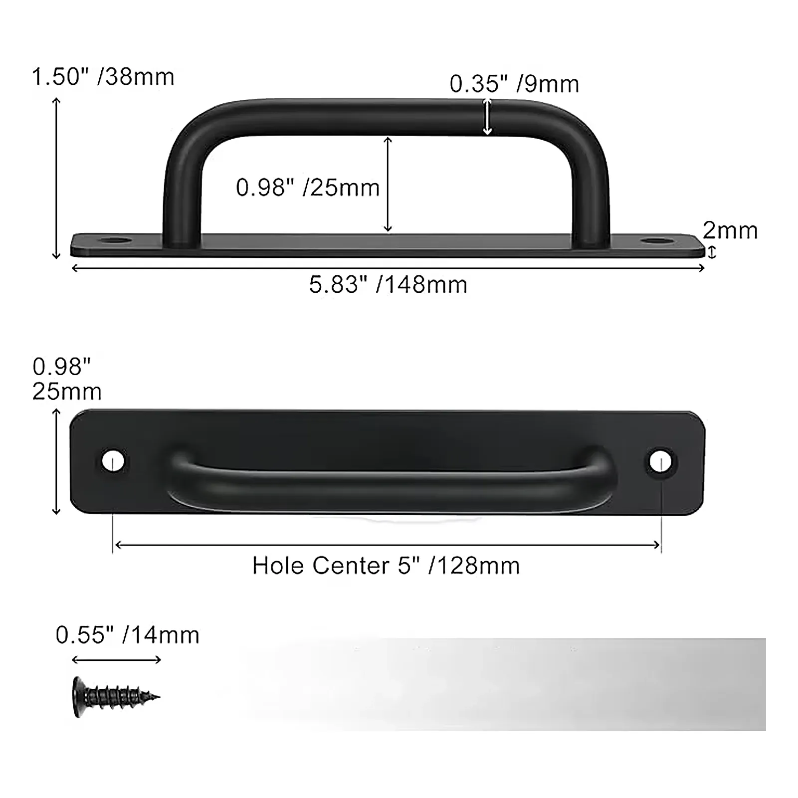 Dimension drawing of the stainless steel plate door pull showing the U-bar side view and the plate front view with 38 mm overall height, 9 mm bar diameter, 25 mm grip clearance, 2 mm plate thickness, 148 mm overall length and 128 mm hole centers in inches and millimetres