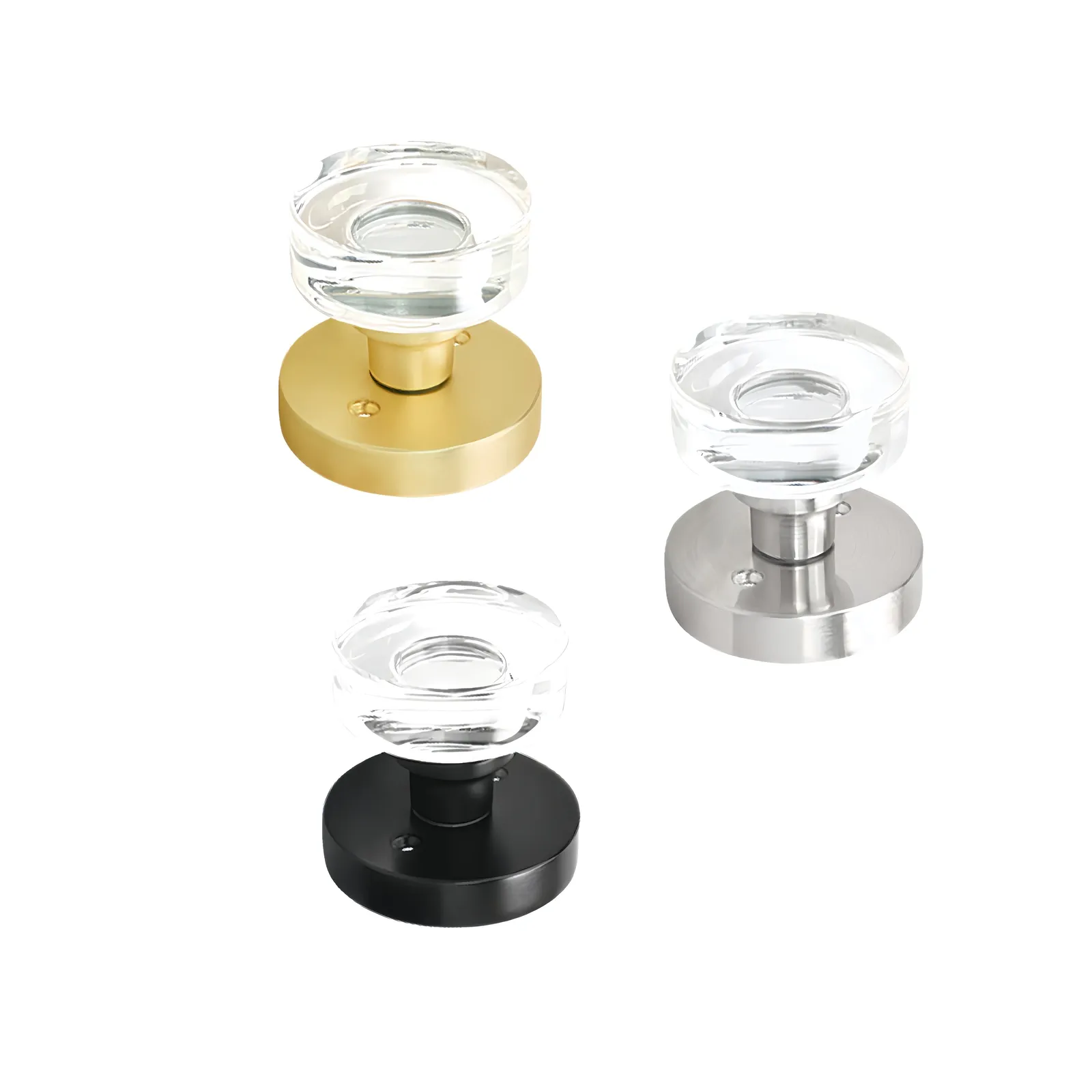 Tiered display of crystal door knob sets in several metallic rose finishes with matching latch hardware