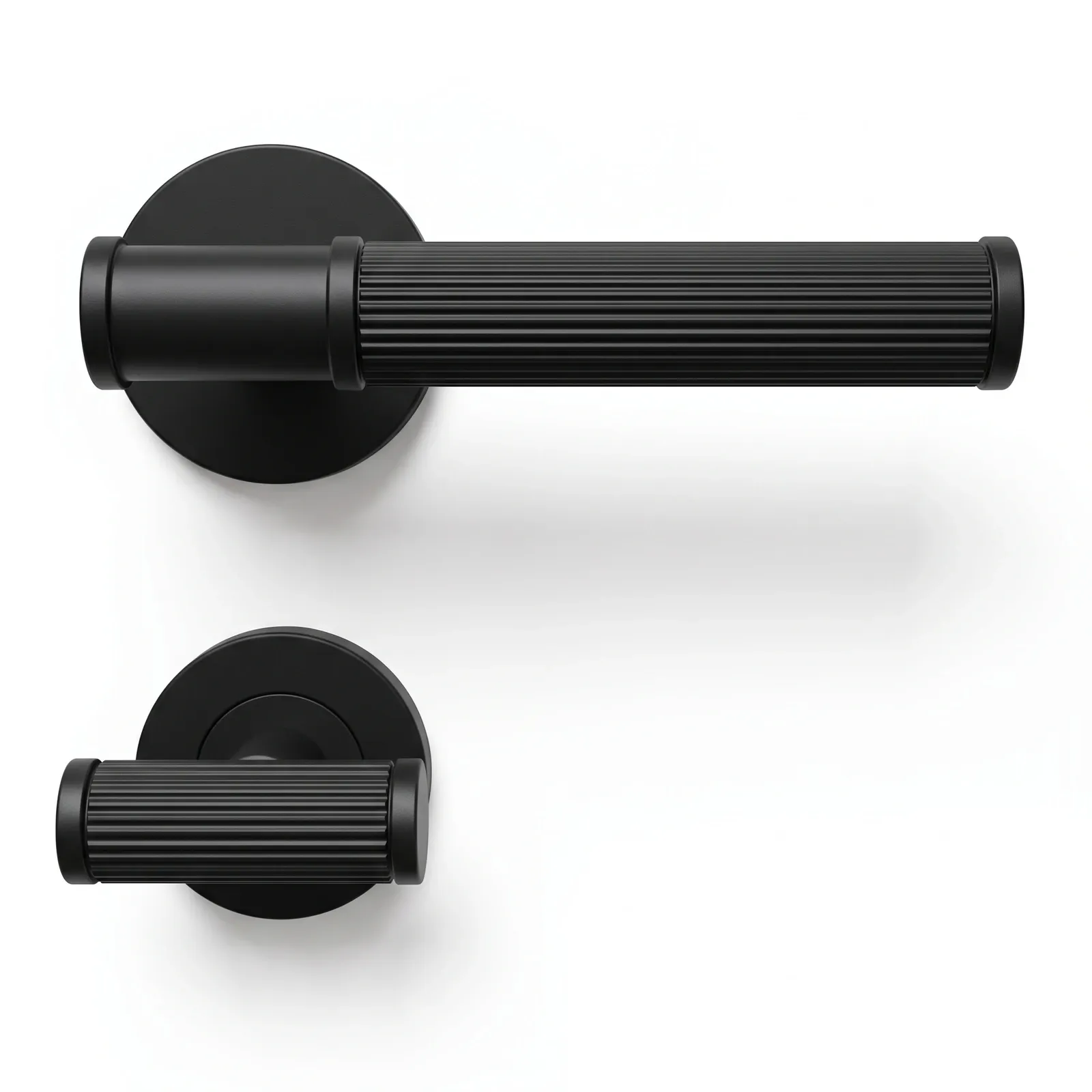 Matt Black fluted brass lever handle shown with its matching turn piece on a white background.