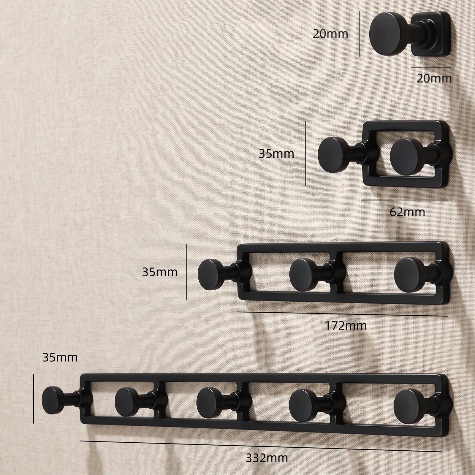 Annotated size chart of the single hook and the two, three and five-hook rails with their lengths in millimetres