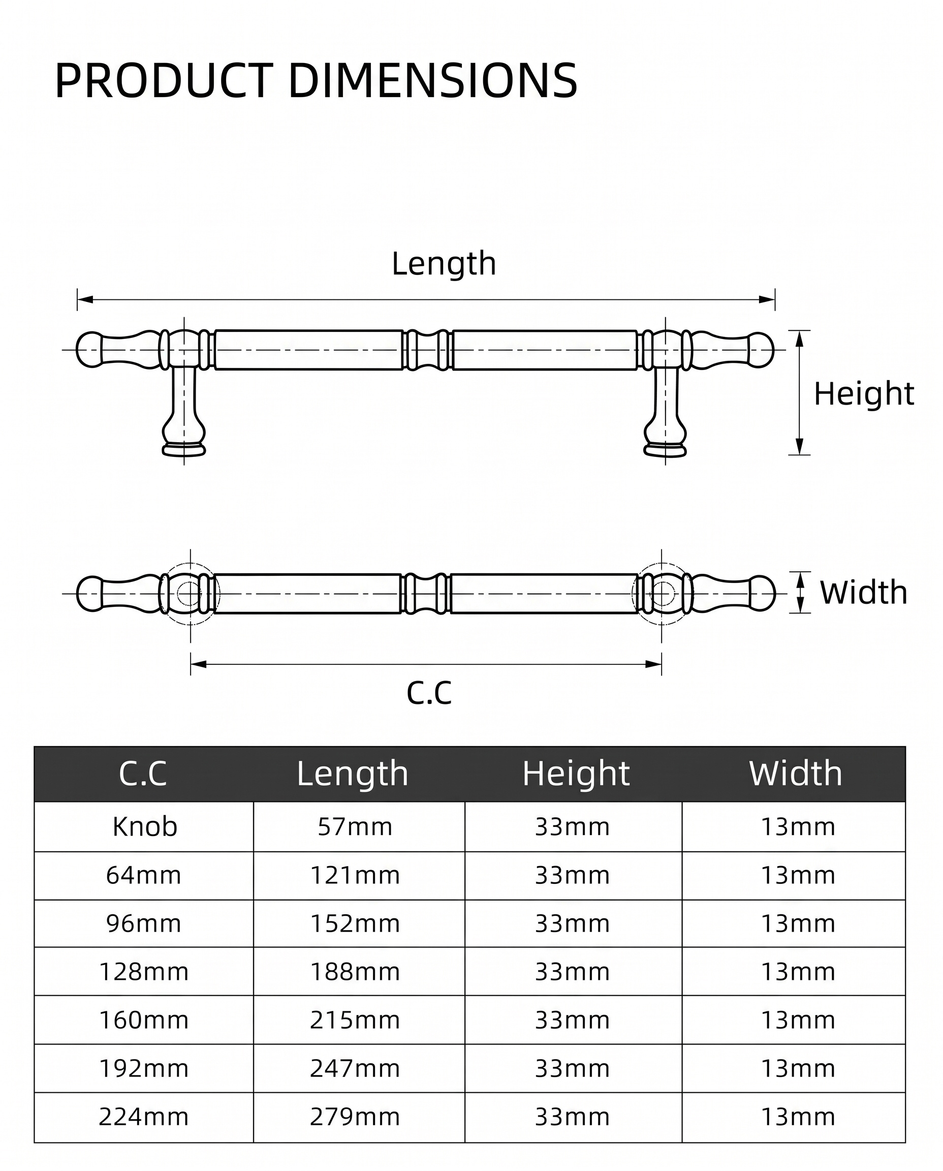 Product dimensions chart for the turned brass cabinet pull series, with length, height and width callouts and a table of centre-to-centre sizes from 64 mm to 224 mm