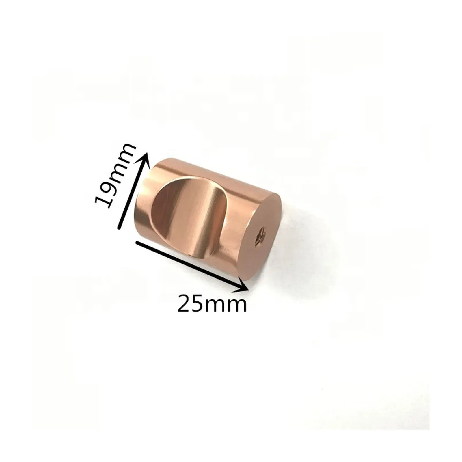 Dimension photo of the rose gold barrel cabinet knob with black callouts reading 19 mm and 25 mm