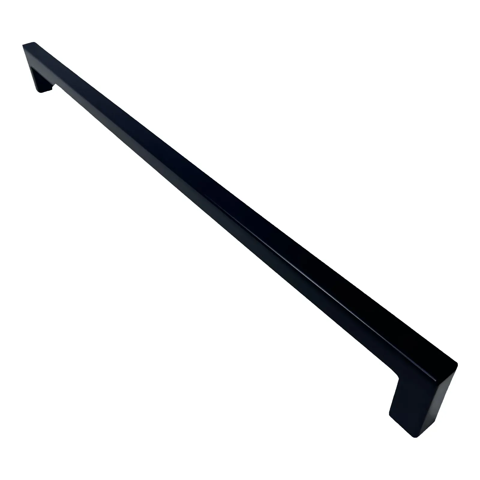 Angled view of the 18 inch Matt Black appliance pull showing its long square-section bar and turn-down end posts
