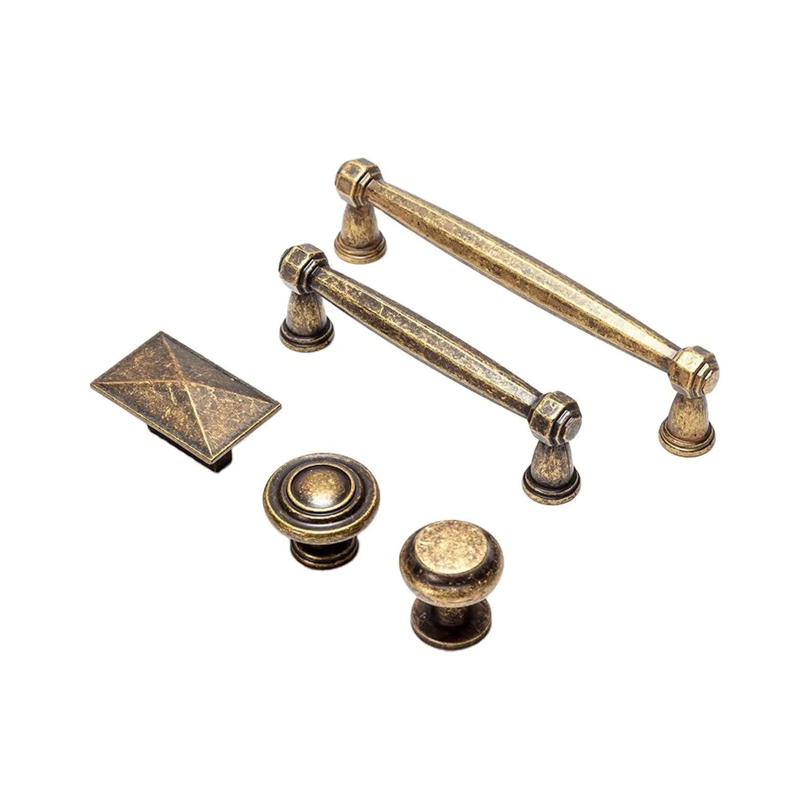 Set view of antique bronze cabinet pull and knob pieces: two arched pulls with ringed collars, a diamond-face square knob and a round dome knob on a white background