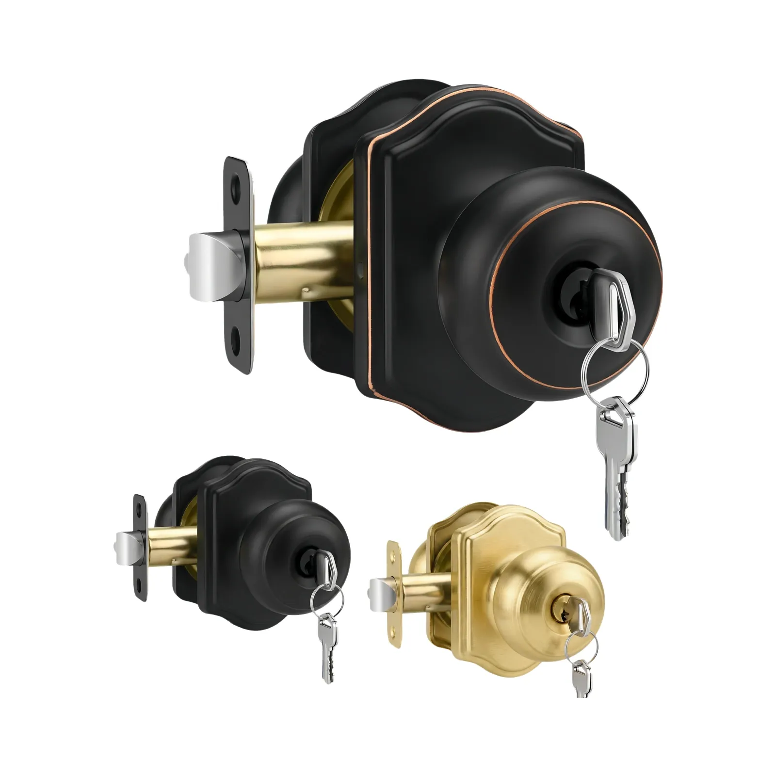 Angled view of three spherical door knob sets in Matt Black, Brush Gold, and Coffee Bronze