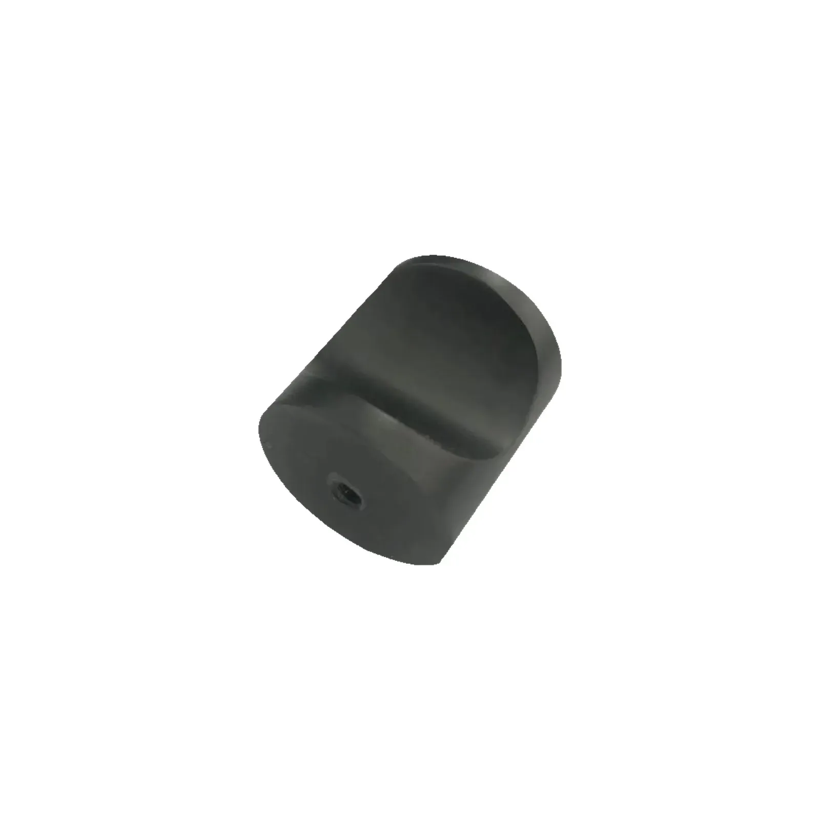 Angled view of the black barrel cabinet knob in a low-sheen matte finish, showing the same circular finger scoop
