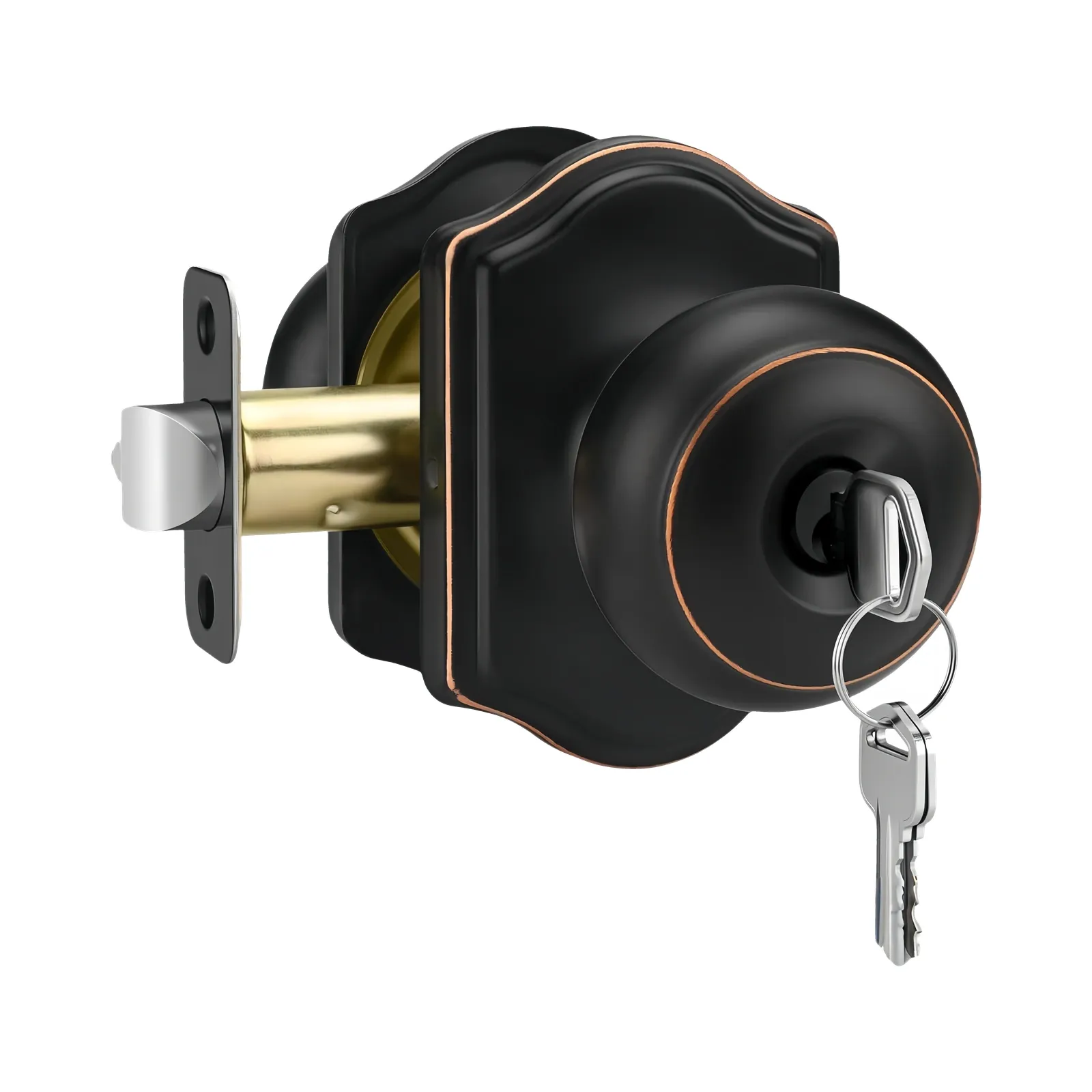 Angled view of the Coffee Bronze spherical door knob set with its bronze accent line around the dark body