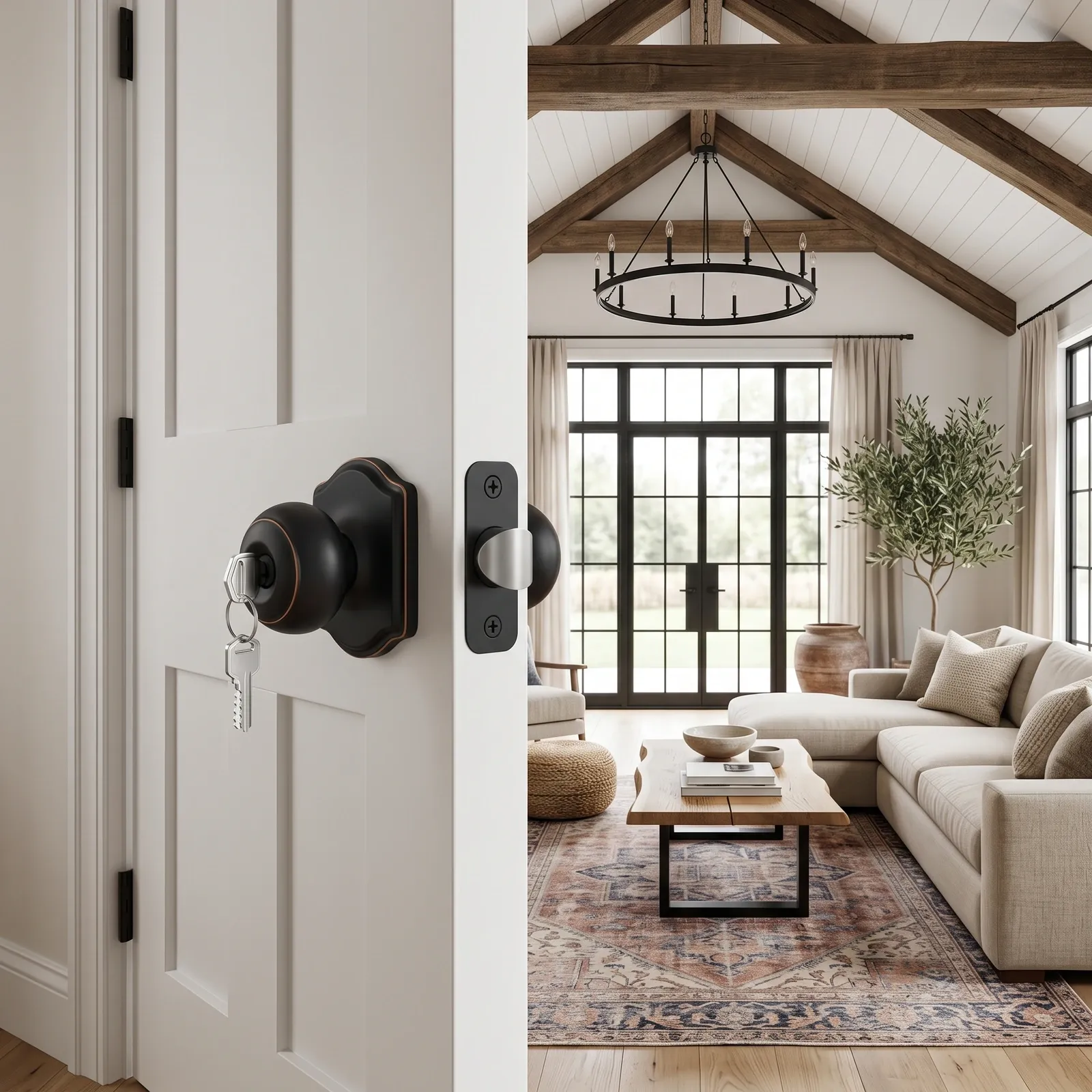 Coffee Bronze spherical door knob with its key inserted in the outer cylinder on a white door opening toward a living room