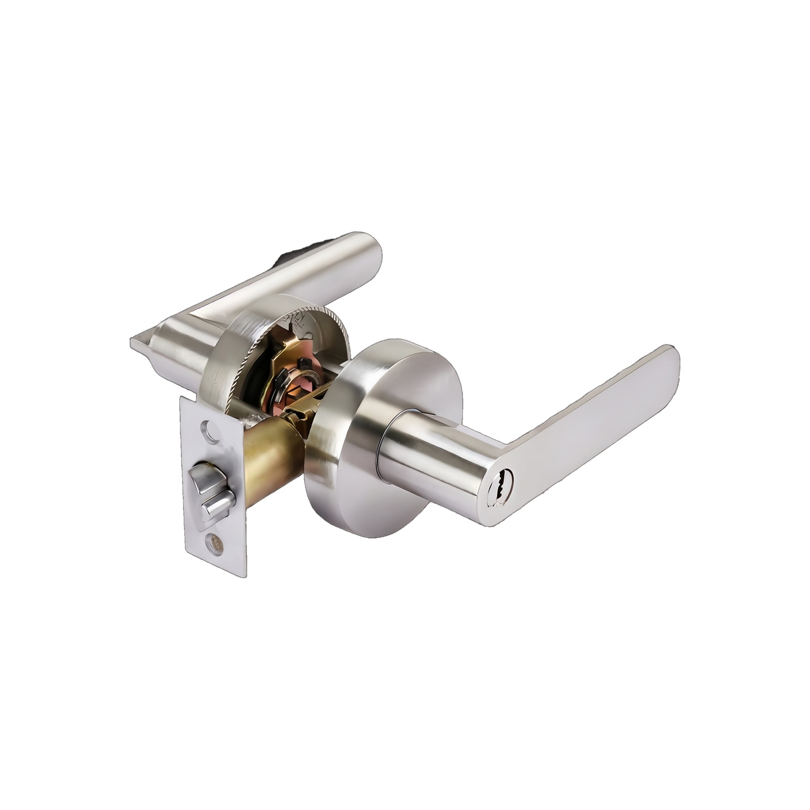 Angled view of a brushed nickel flat-lever door lock set with its tubular latch and strike plate