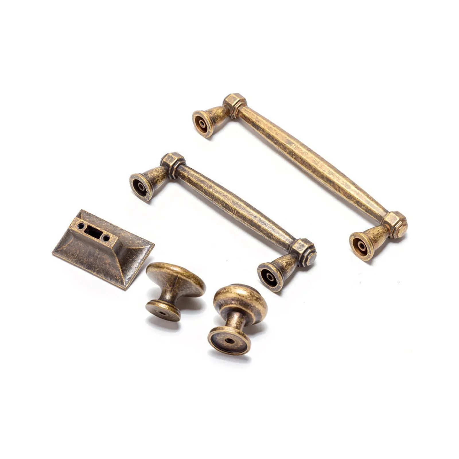 Back view of the antique bronze cabinet pull and knob set showing the mounting faces, fixing bosses and screw openings on a white background