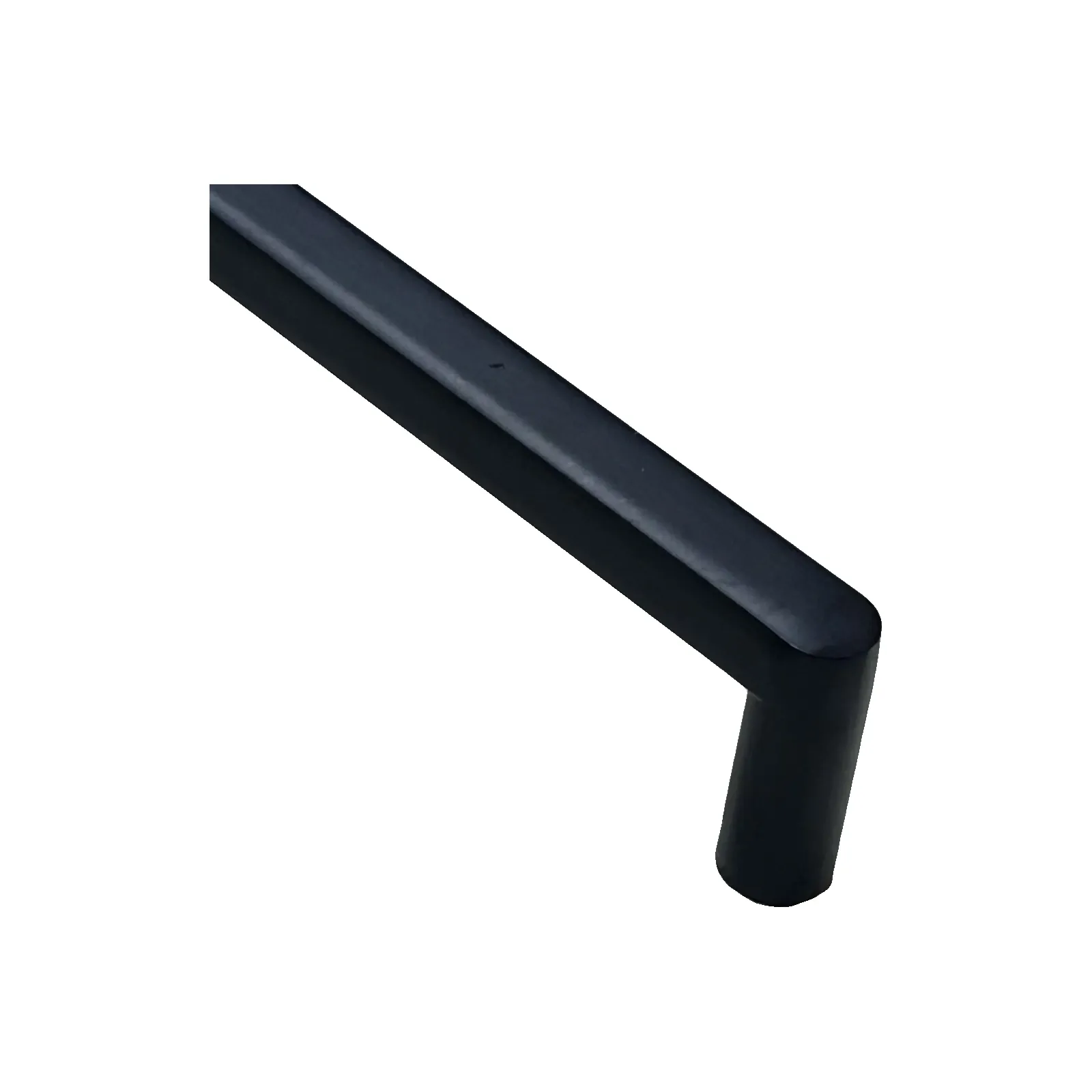 Close view of a matte black square bar cabinet pull detailing the rounded corner bend and chamfered cylindrical post on a white background