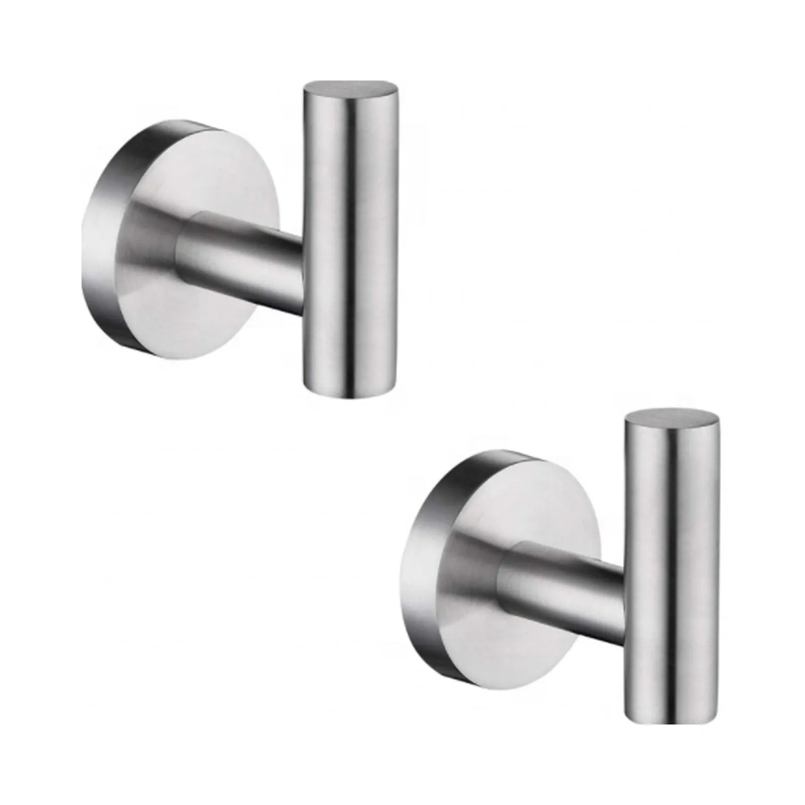Angled view of two satin nickel wall-mounted robe hooks with round base plates