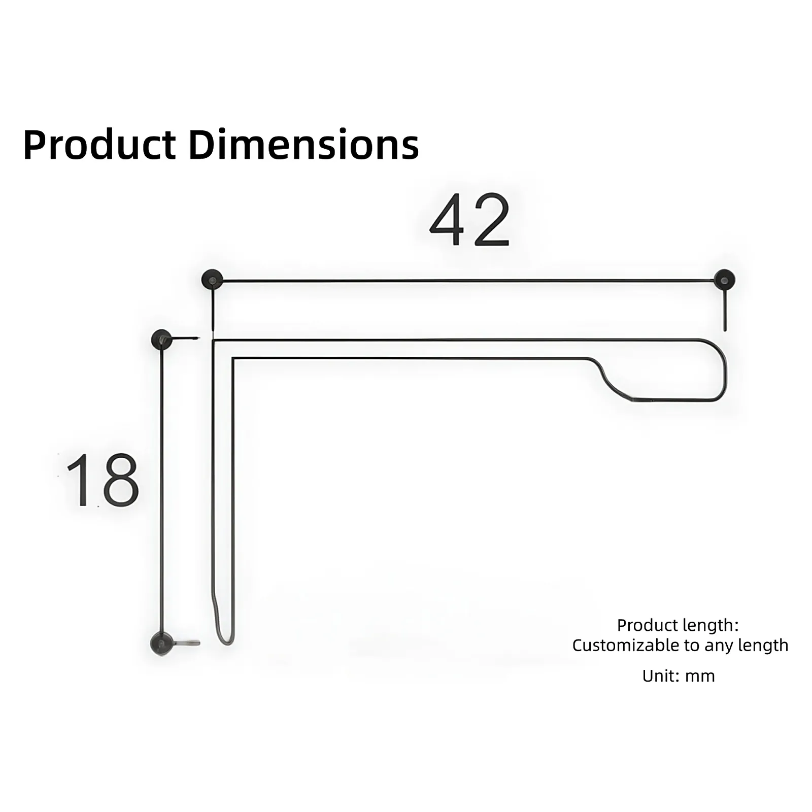 Technical dimension diagram indicating 42 mm section depth and 18 mm section height with customizable length on a white background.