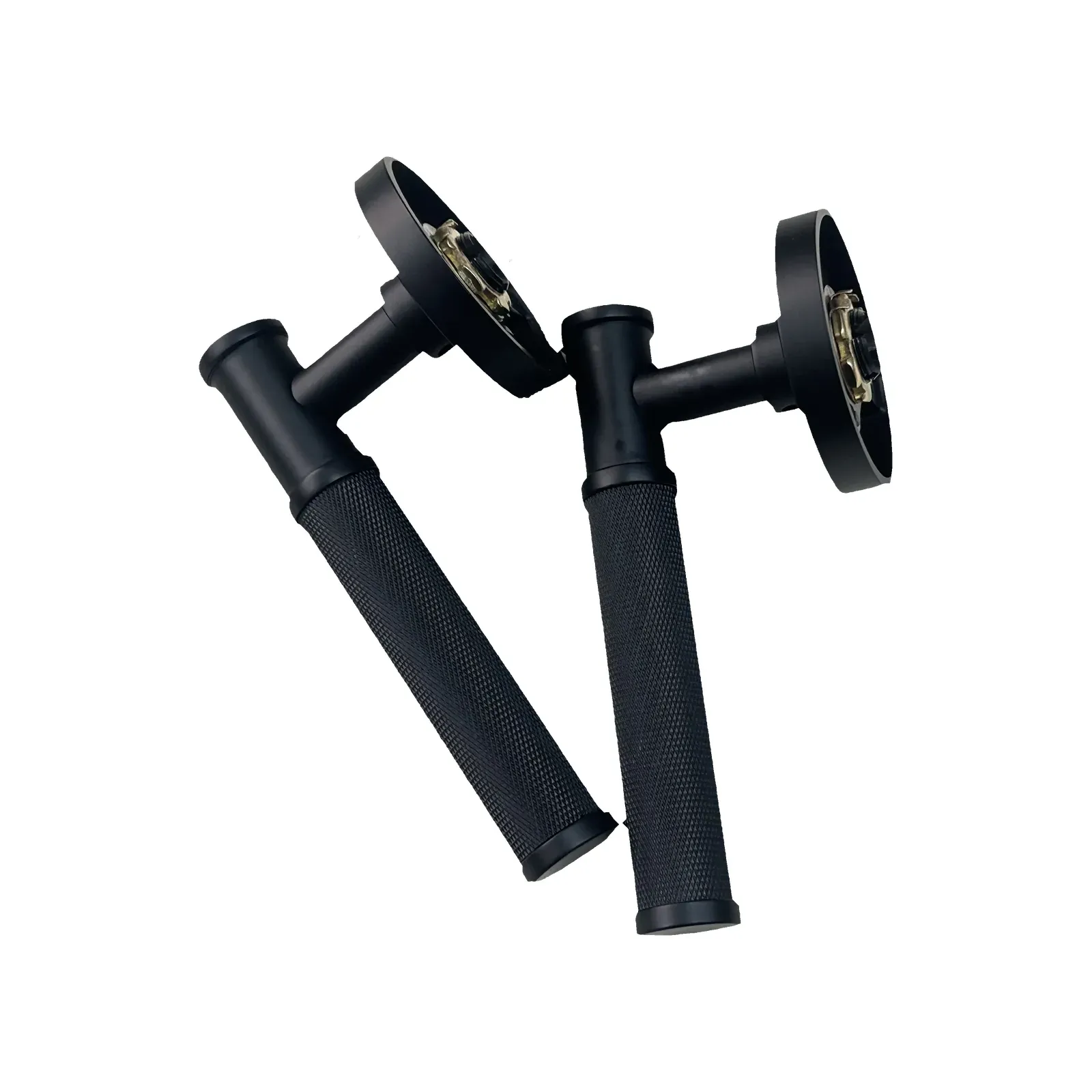Two matte black knurled lever door handles displayed together showing the rose mounting faces