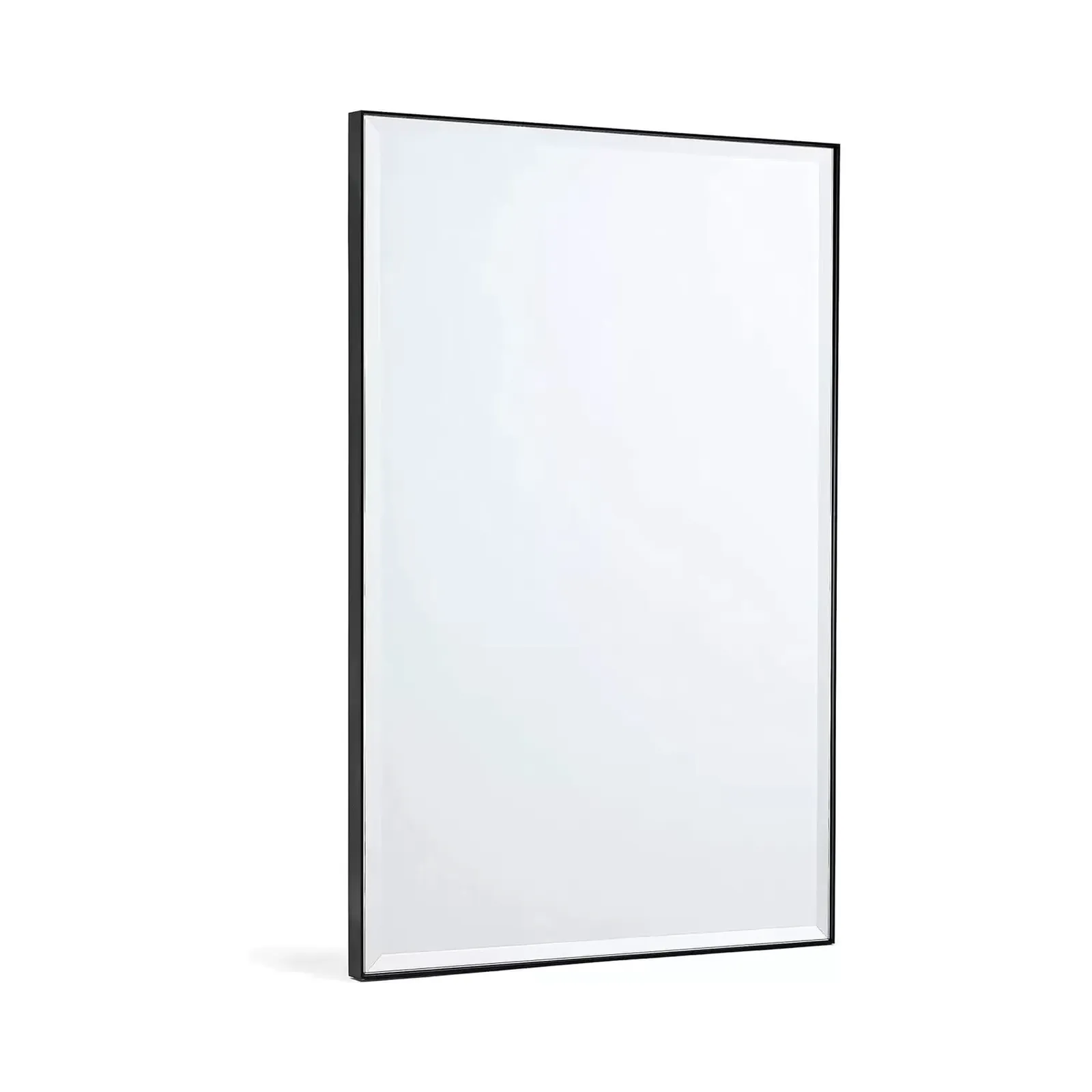 White-background product shot of a tall rectangular bathroom mirror with a black stainless steel frame, angled view