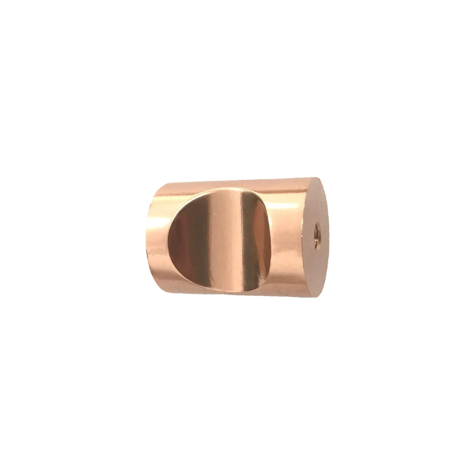 Angled view of the rose gold barrel cabinet knob showing the centered screw hole on its flat end face