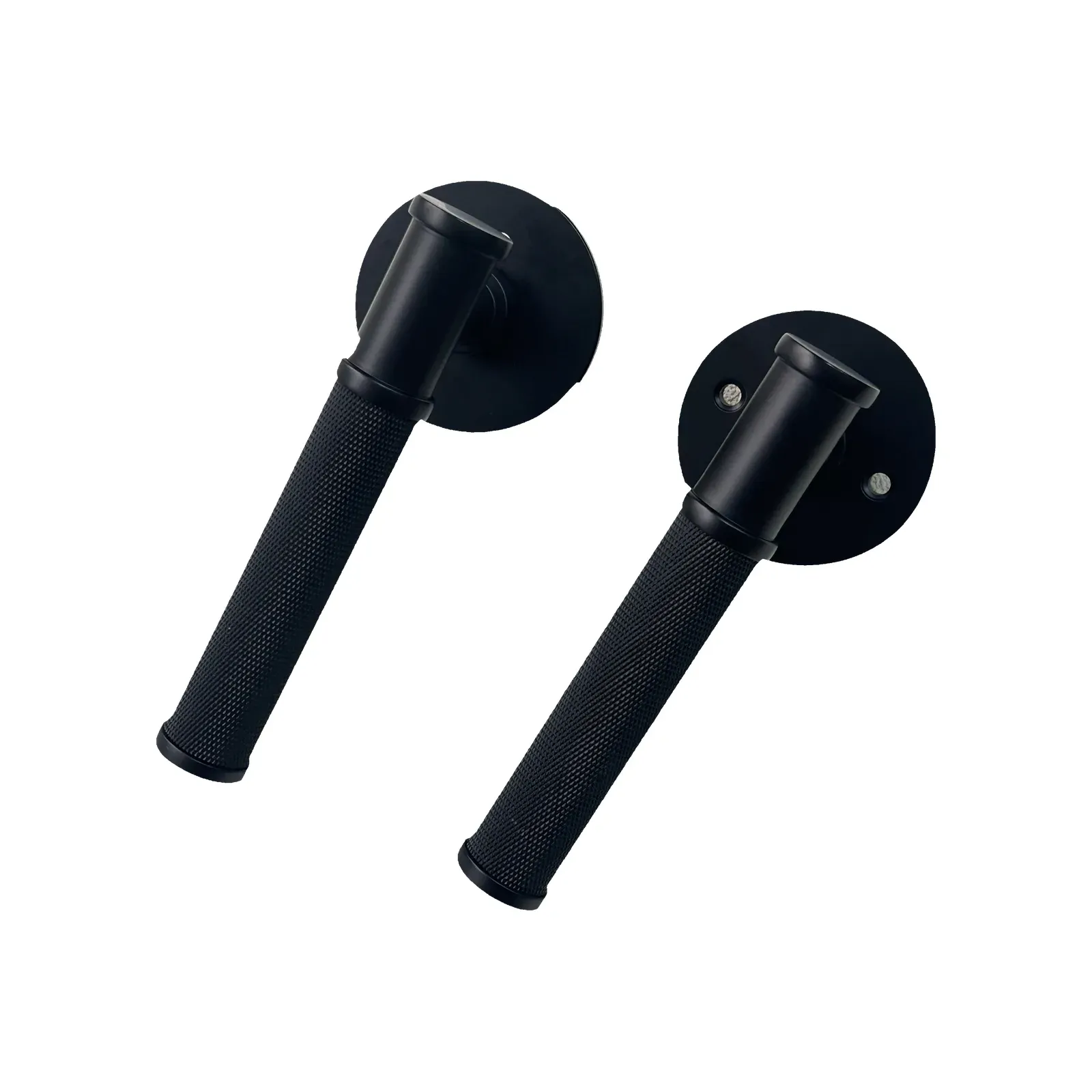 Pair of matte black knurled lever door handles shown at an angle with their round rose plates