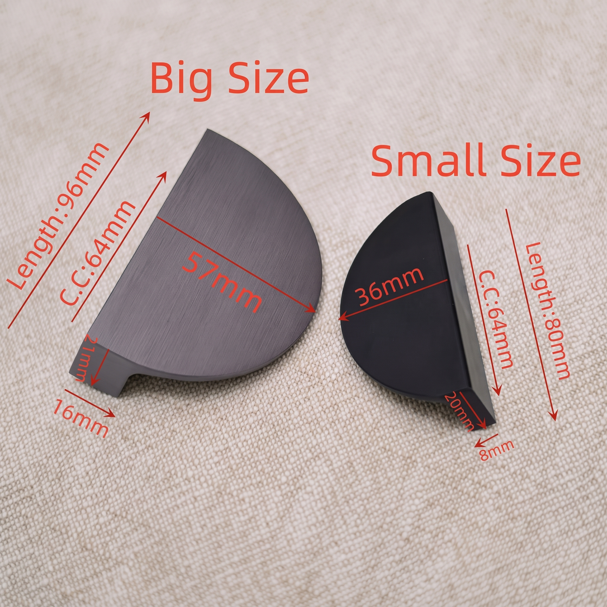 Big Size and Small Size half-round edge pulls side by side on a pale linen surface, with red callouts for overall lengths of 96 mm and 80 mm, shared 64 mm fixing centres, widths of 57 mm and 36 mm, and foot depths of 16 mm and 8 mm