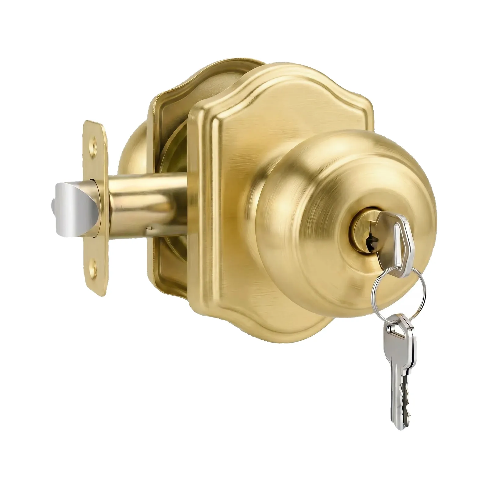 Angled view of the Brush Gold spherical door knob set with one uniform gold finish and no accent line
