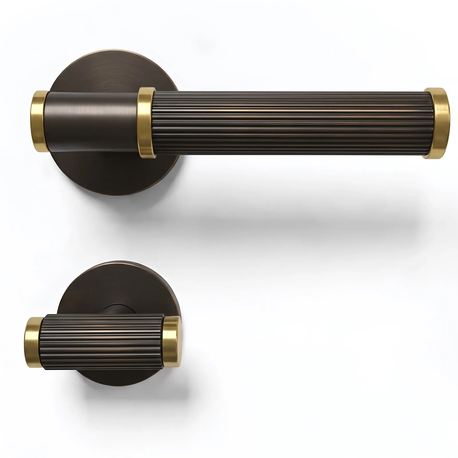 Bronze fluted brass lever handle with gold collar and tip bands shown beside its matching turn piece on a white background.
