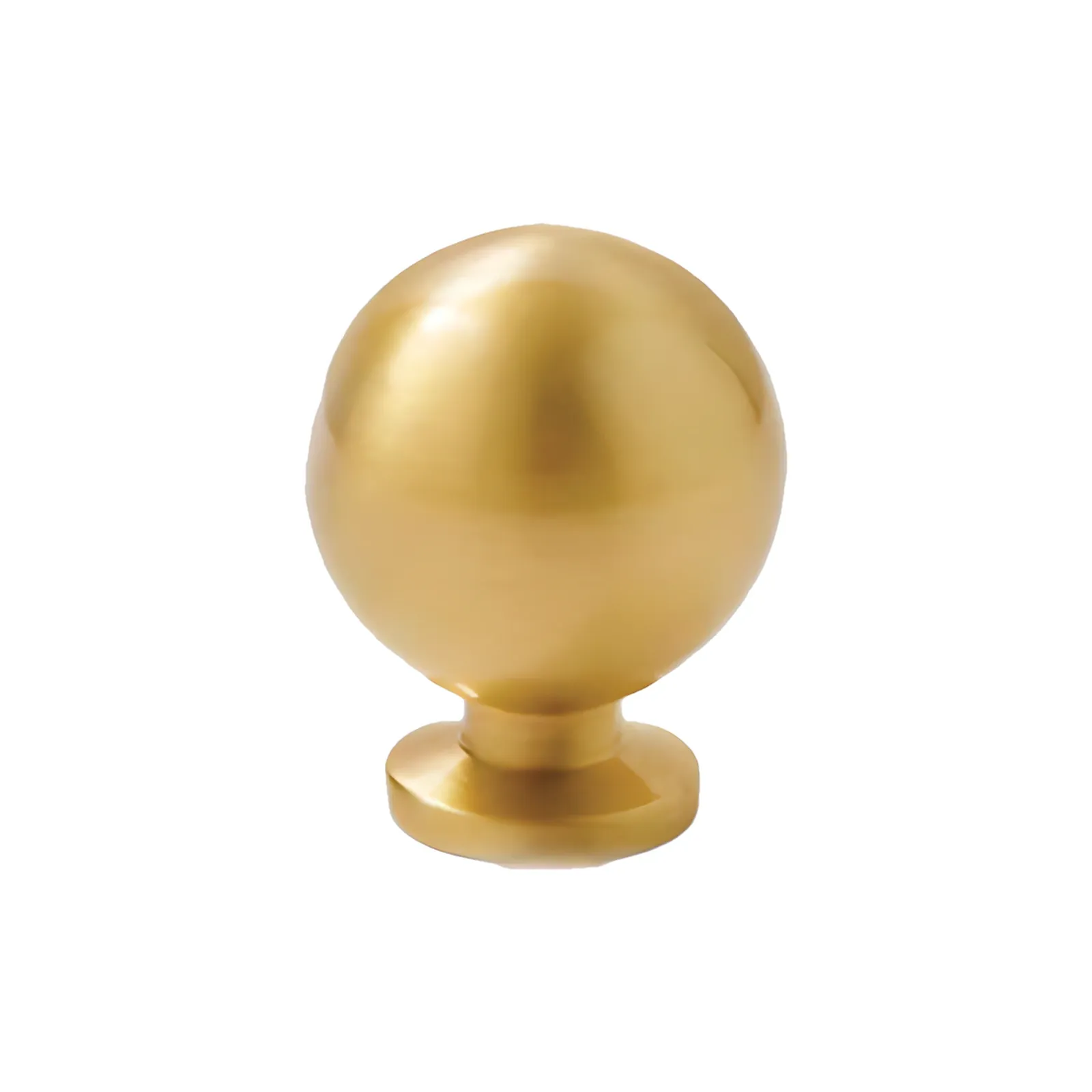 Brass ball-form knob with a smooth ball body on a round base, close view.