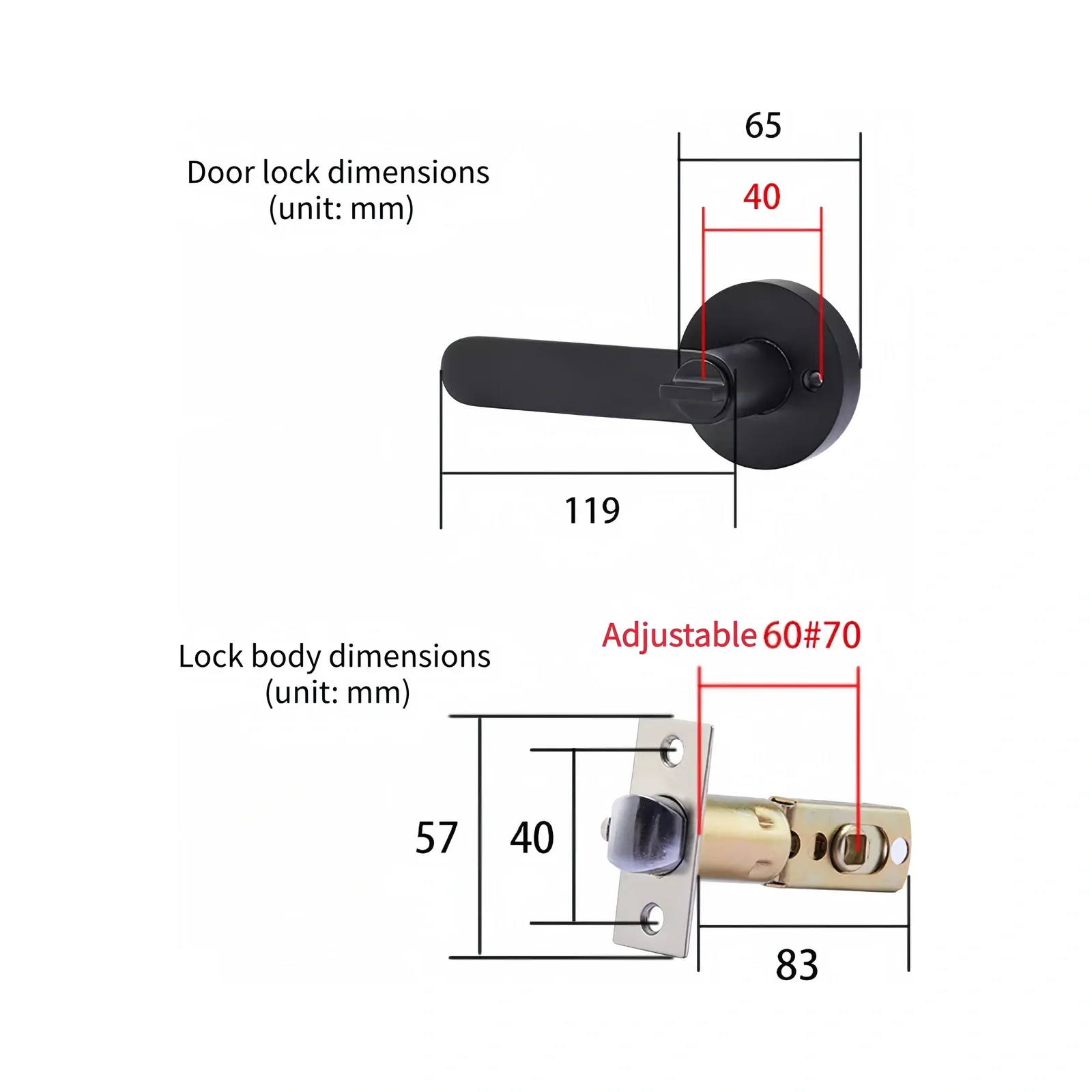 Annotated dimension drawing showing face height, rose diameter and lever length