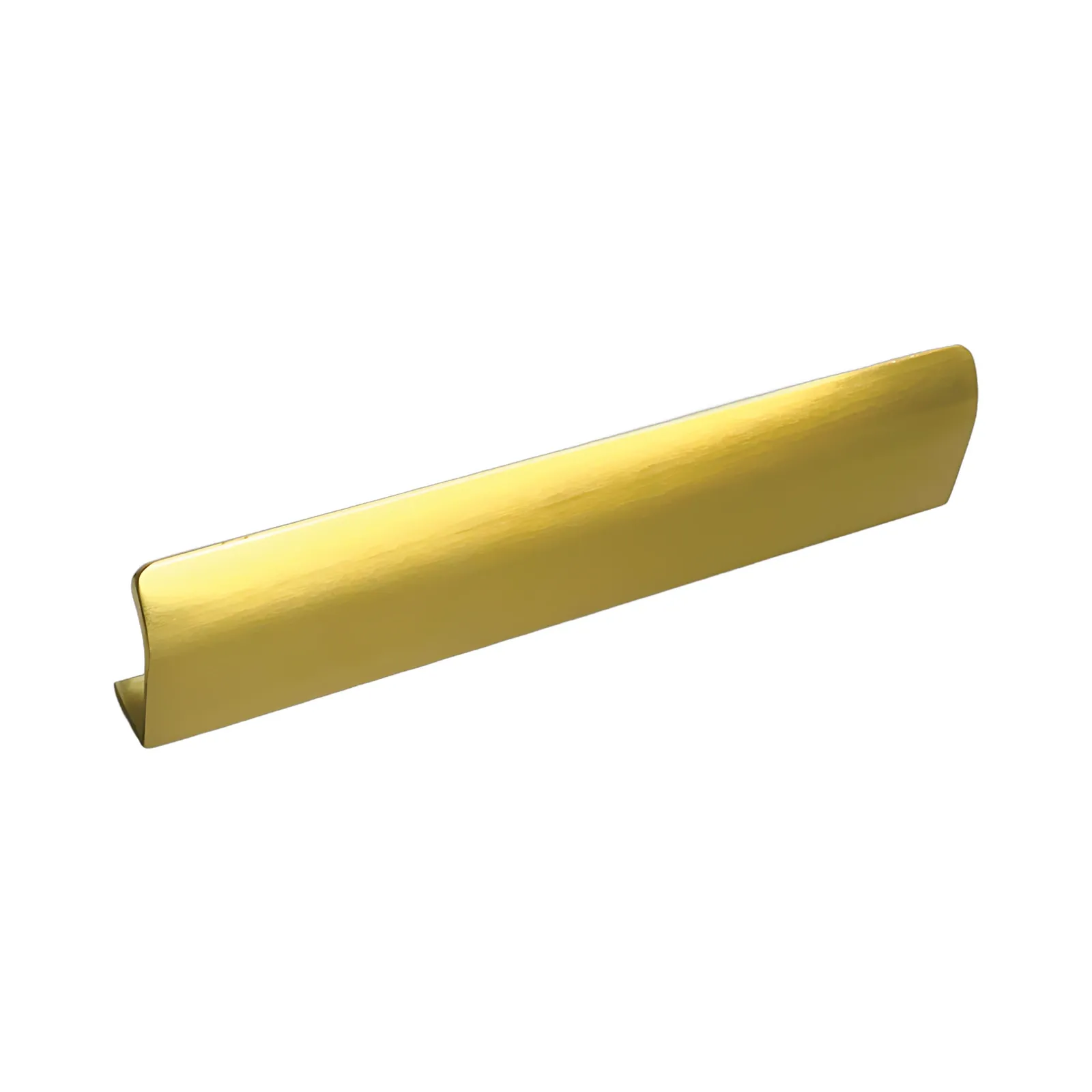 Angled view of the brushed brass gold back-mount finger edge pull showing the curled lip and the aluminum channel