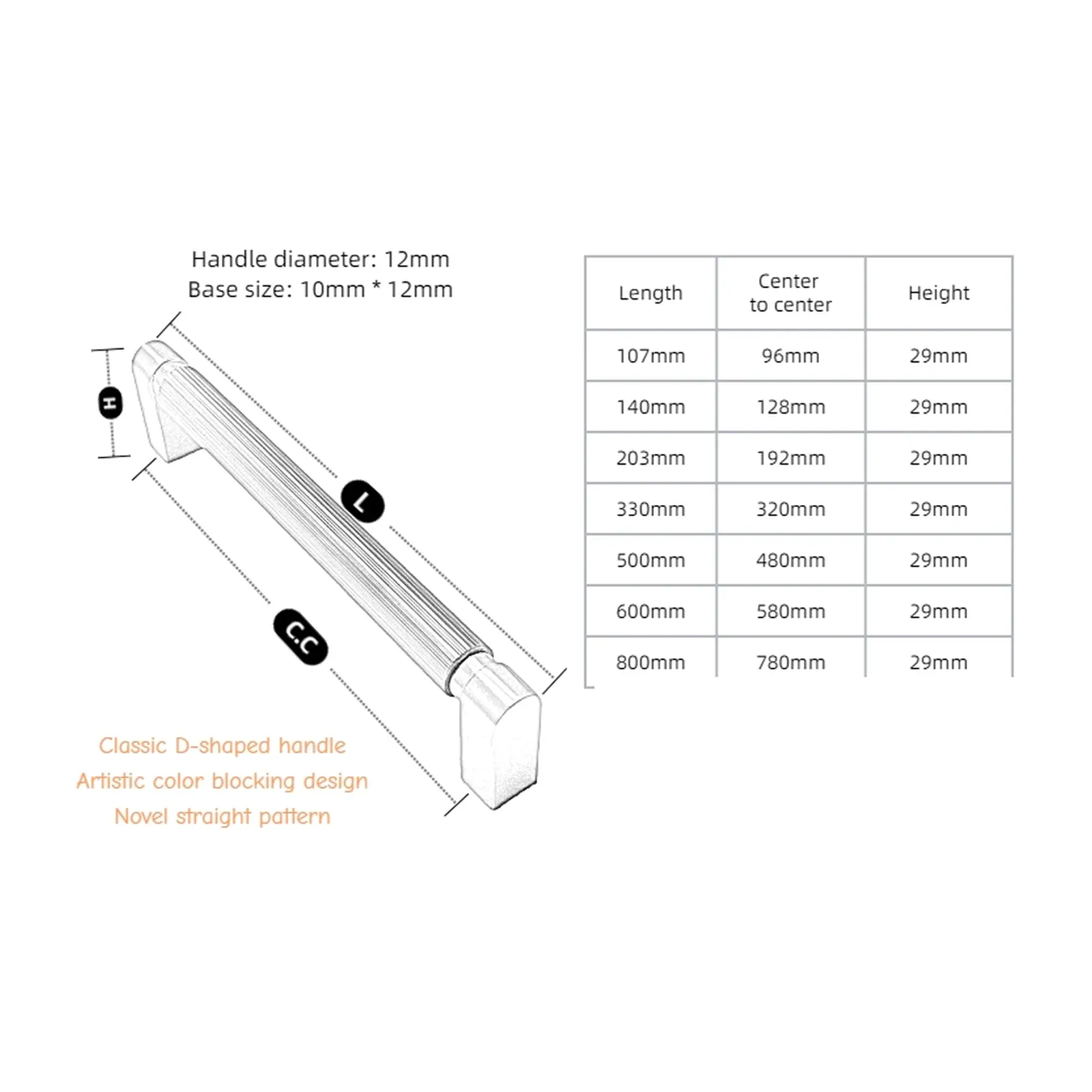 Annotated specification drawing listing seven length and centre-to-centre pairs with the grip and base sizes