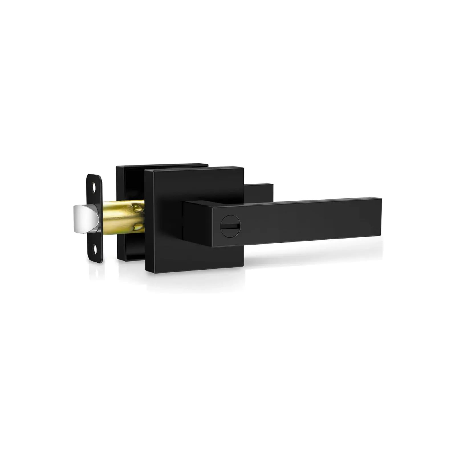 Angled view of the matt black keyless privacy door lever lock set with square roses, tubular latch, and strike plate on a white background.