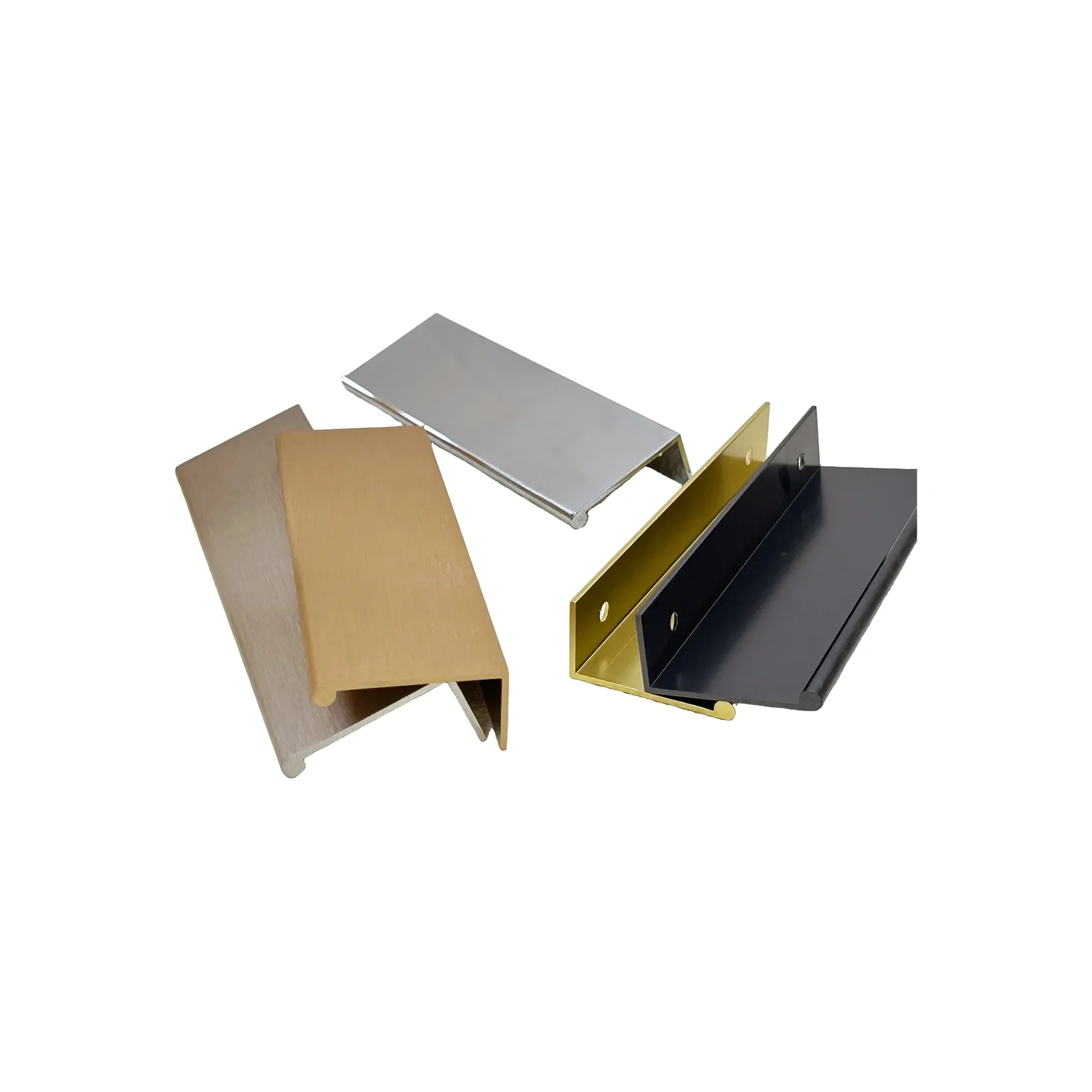 Five rolled-edge aluminum cabinet pulls in chrome, silver, brushed gold, gold, and matt black finishes on a white background.