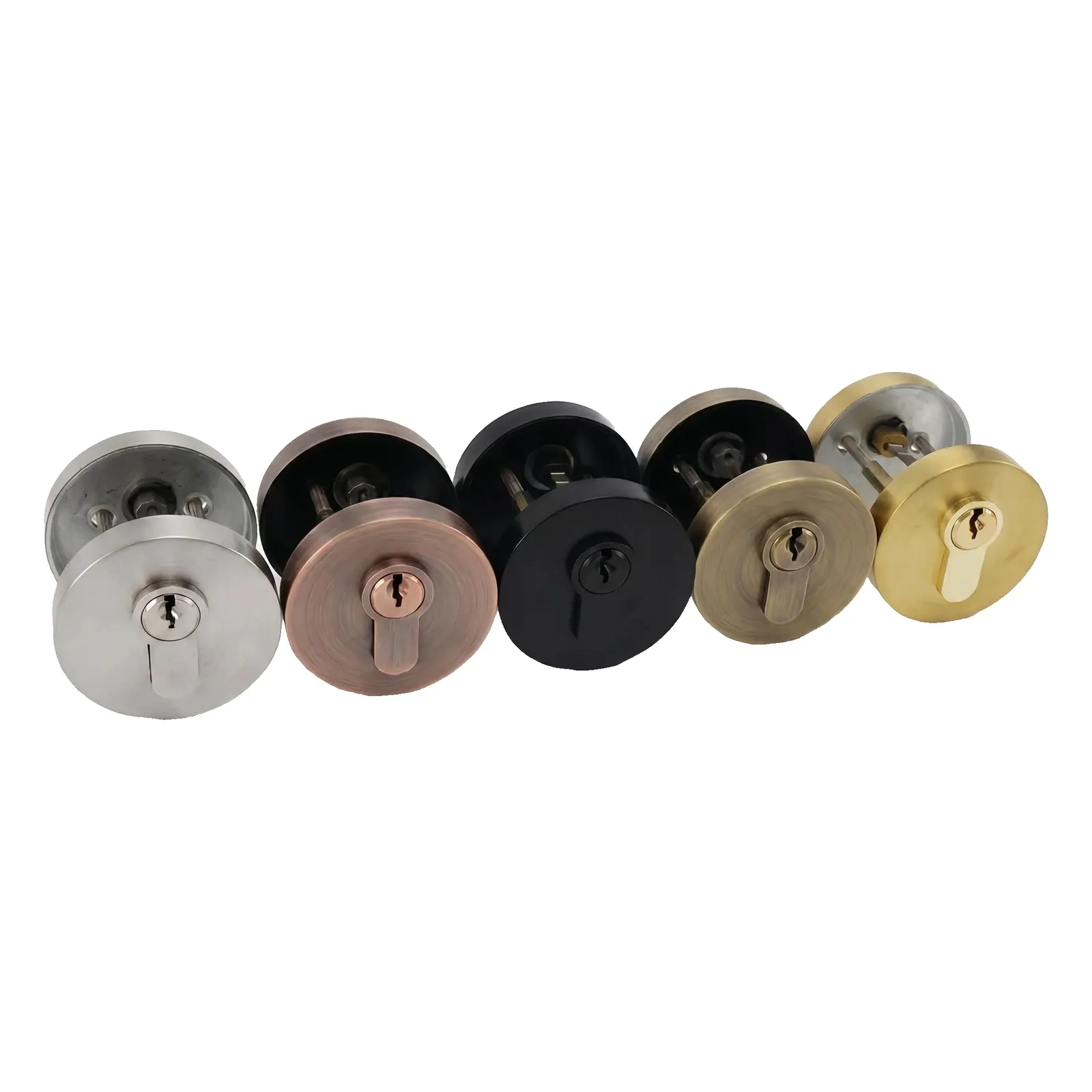 Angled view of round door locks in satin brass, matt black, satin nickel, antique brass, and oil-rubbed bronze on a white background