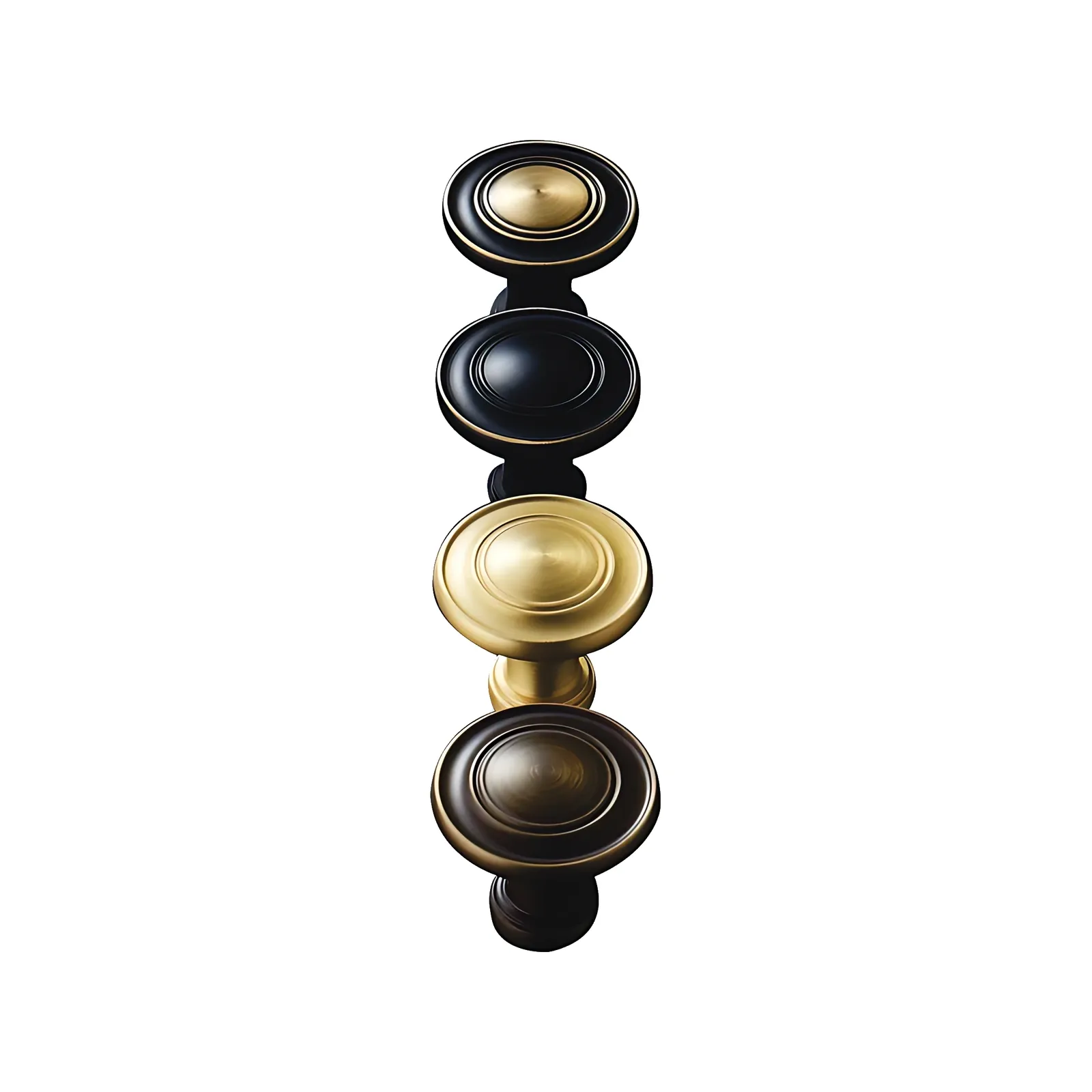 Top view of four circular knobs in a vertical column, showing the circular band pattern repeated across the group