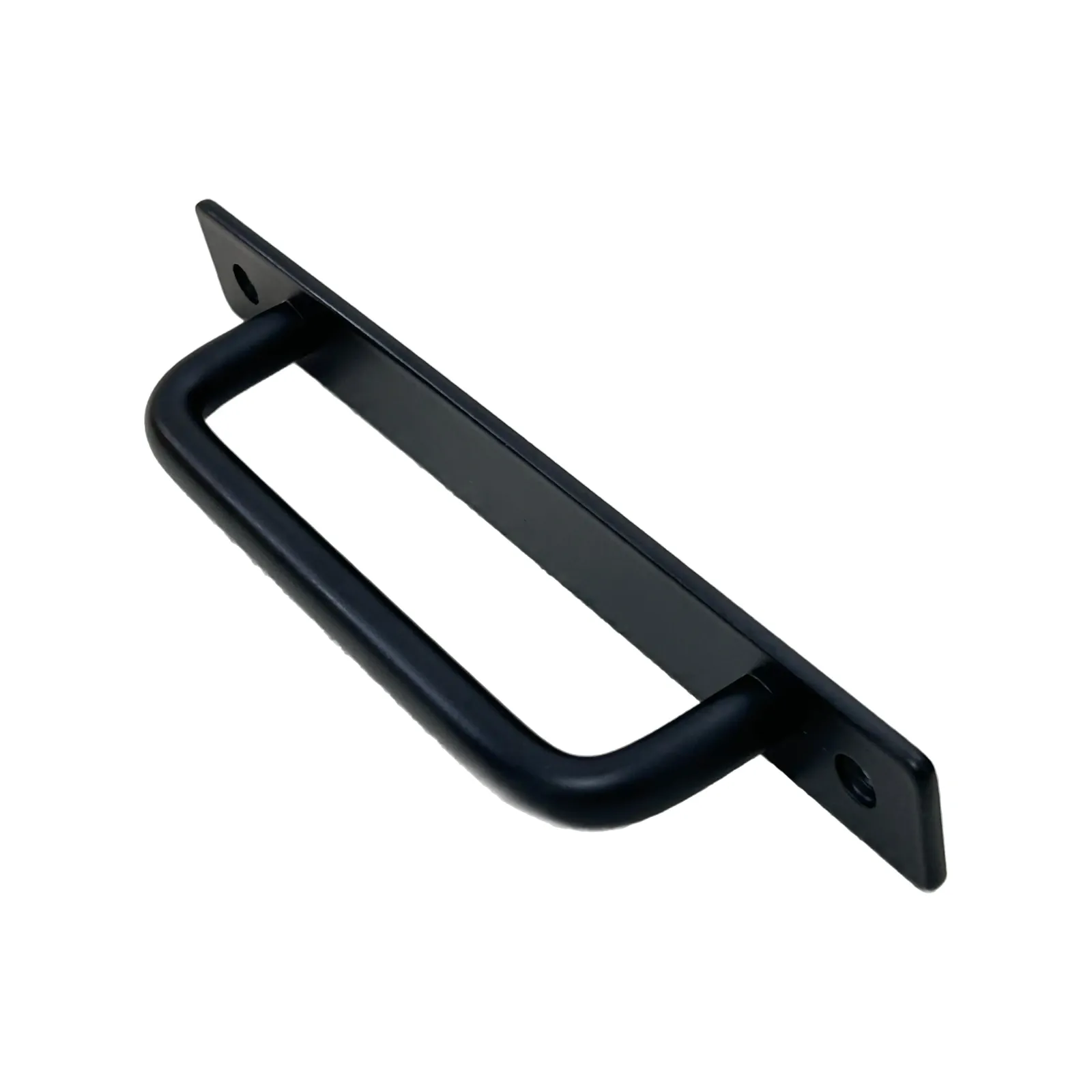 Angled view of a matt black stainless steel plate door pull showing the U-bar grip and mounting plate, on a white background