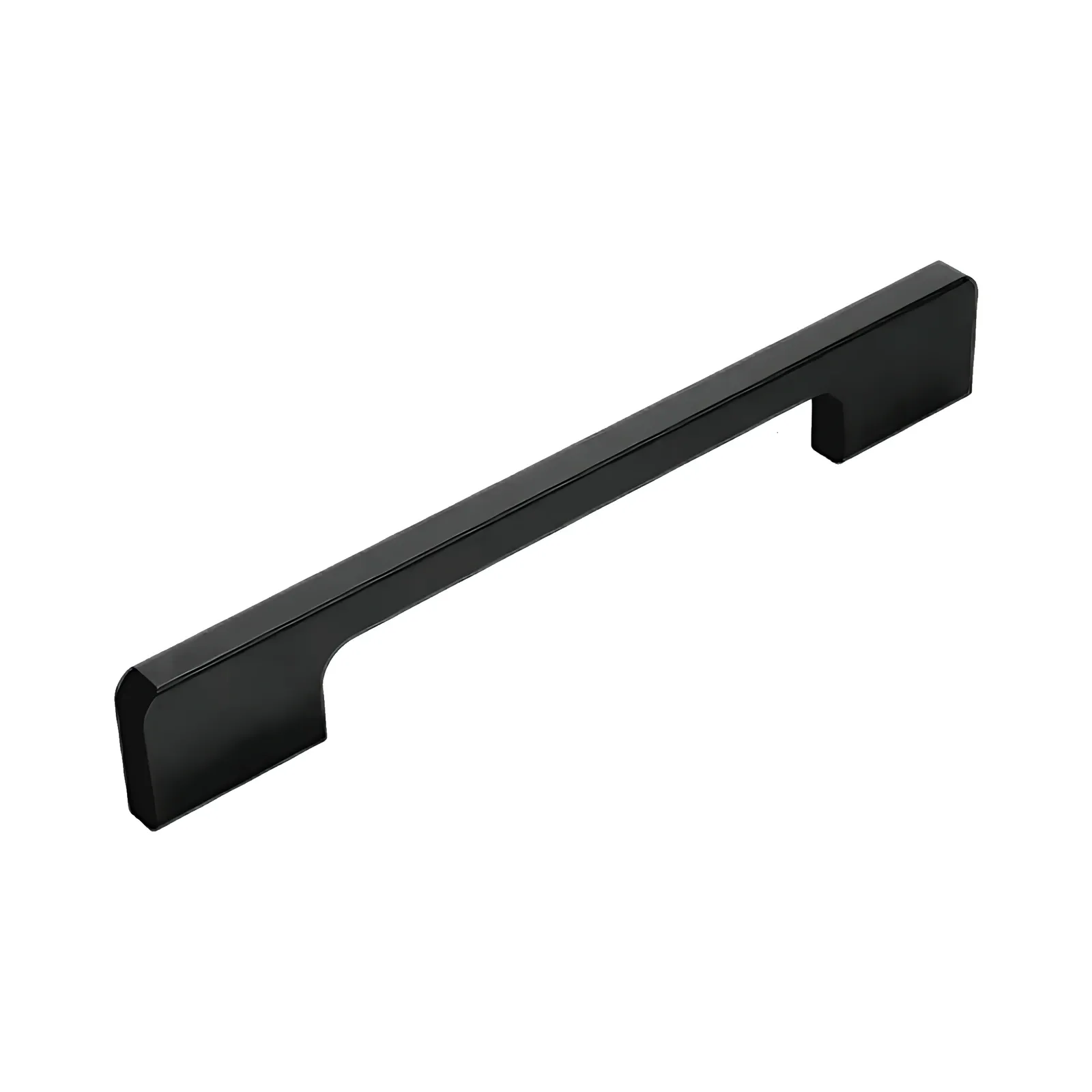 Angled view of a single matt black slotted aluminum profile cabinet pull showing an end post and the open slot along the lower edge