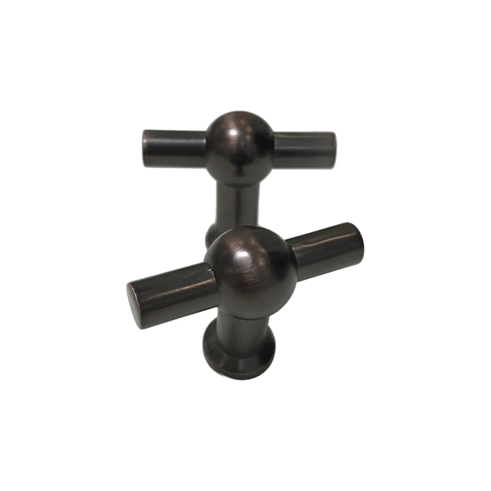 Angled view of oil-rubbed bronze T-shaped cabinet knobs showing the rubbed highlights across the spherical heads, on a white background