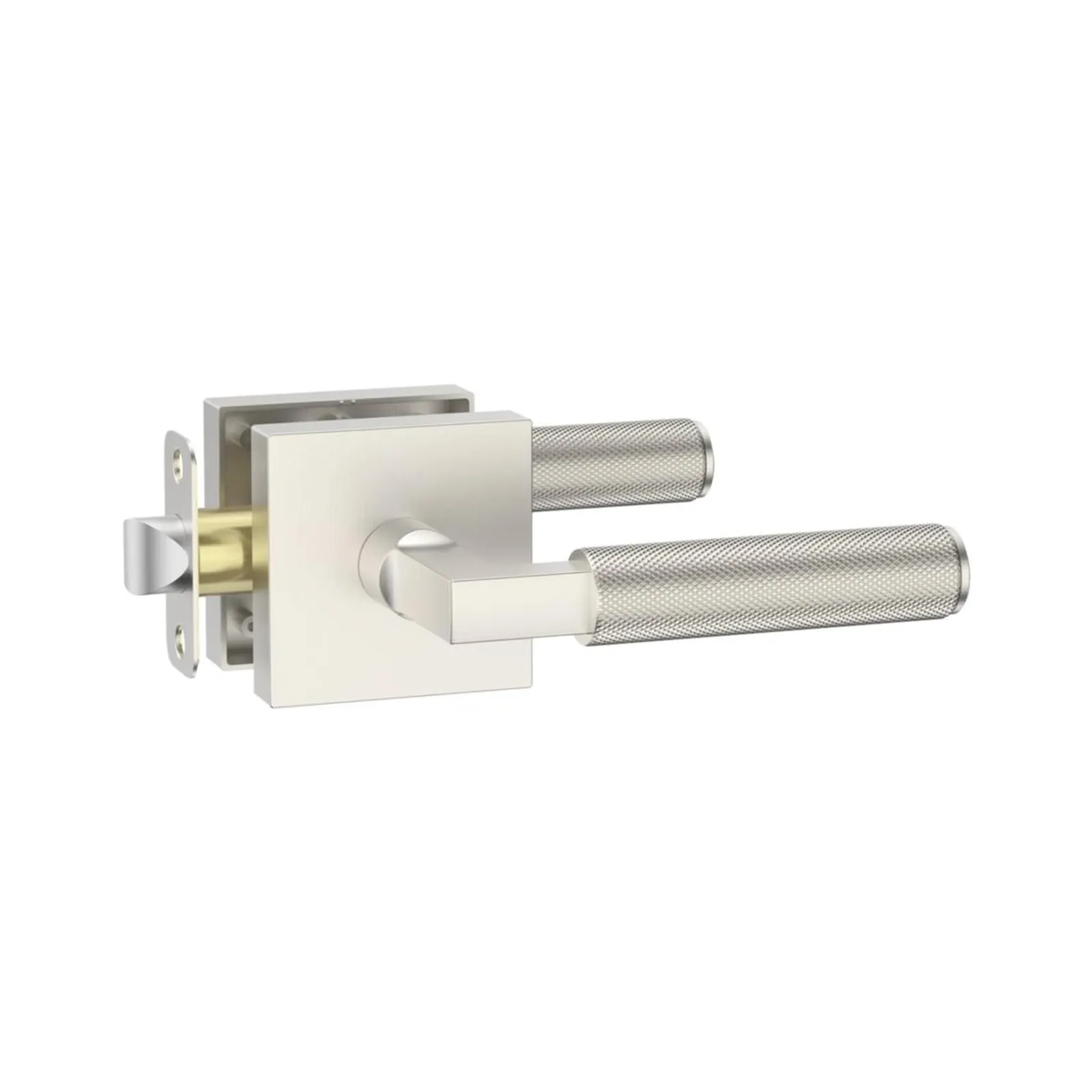 Brush Nickel privacy door handle lock set with square rose plate, diamond knurled lever grip, latch assembly and strike plate