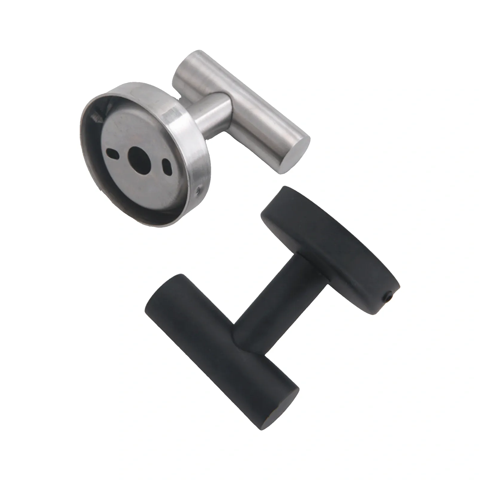Angled view of a satin nickel and a black robe hook, with the satin nickel unit showing its wall-side mounting face