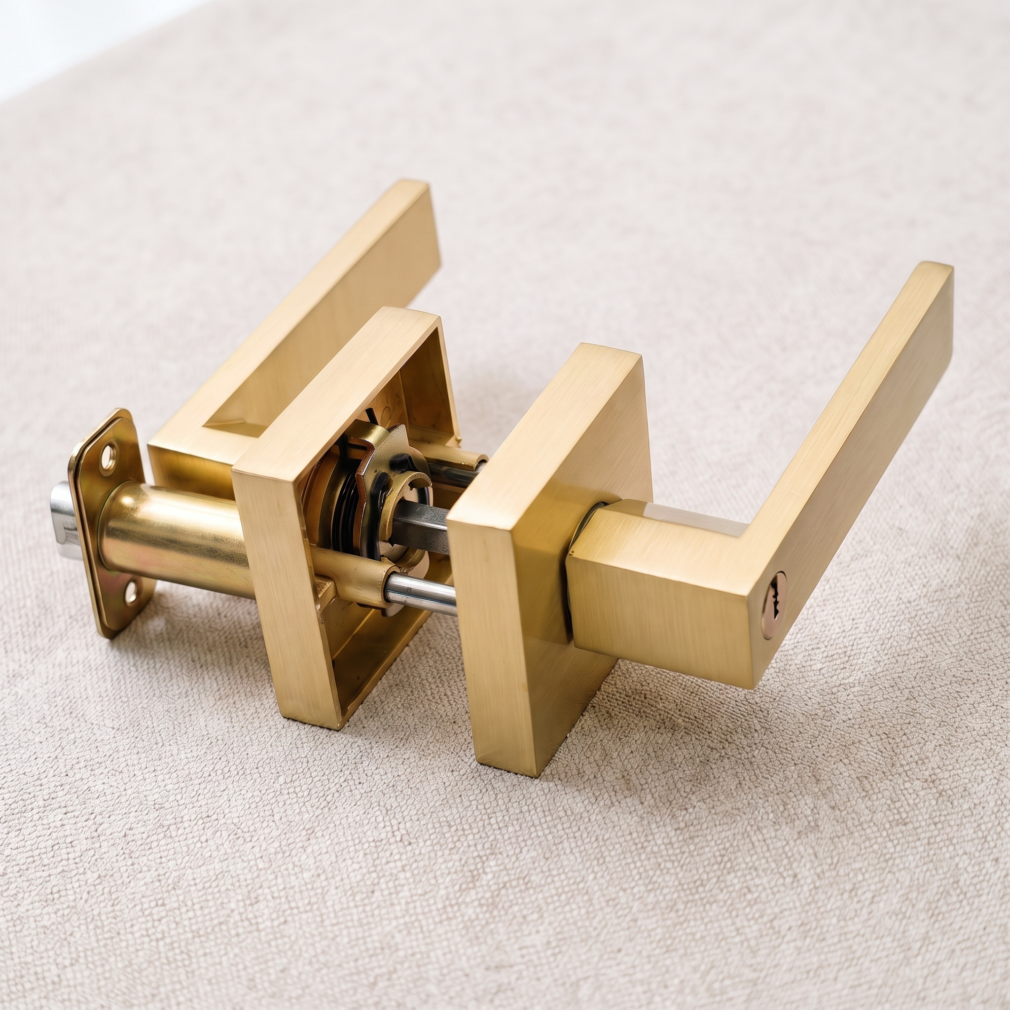 Angled view of a brush gold square-rose keyed door handle lock with its latch, on a pale linen surface