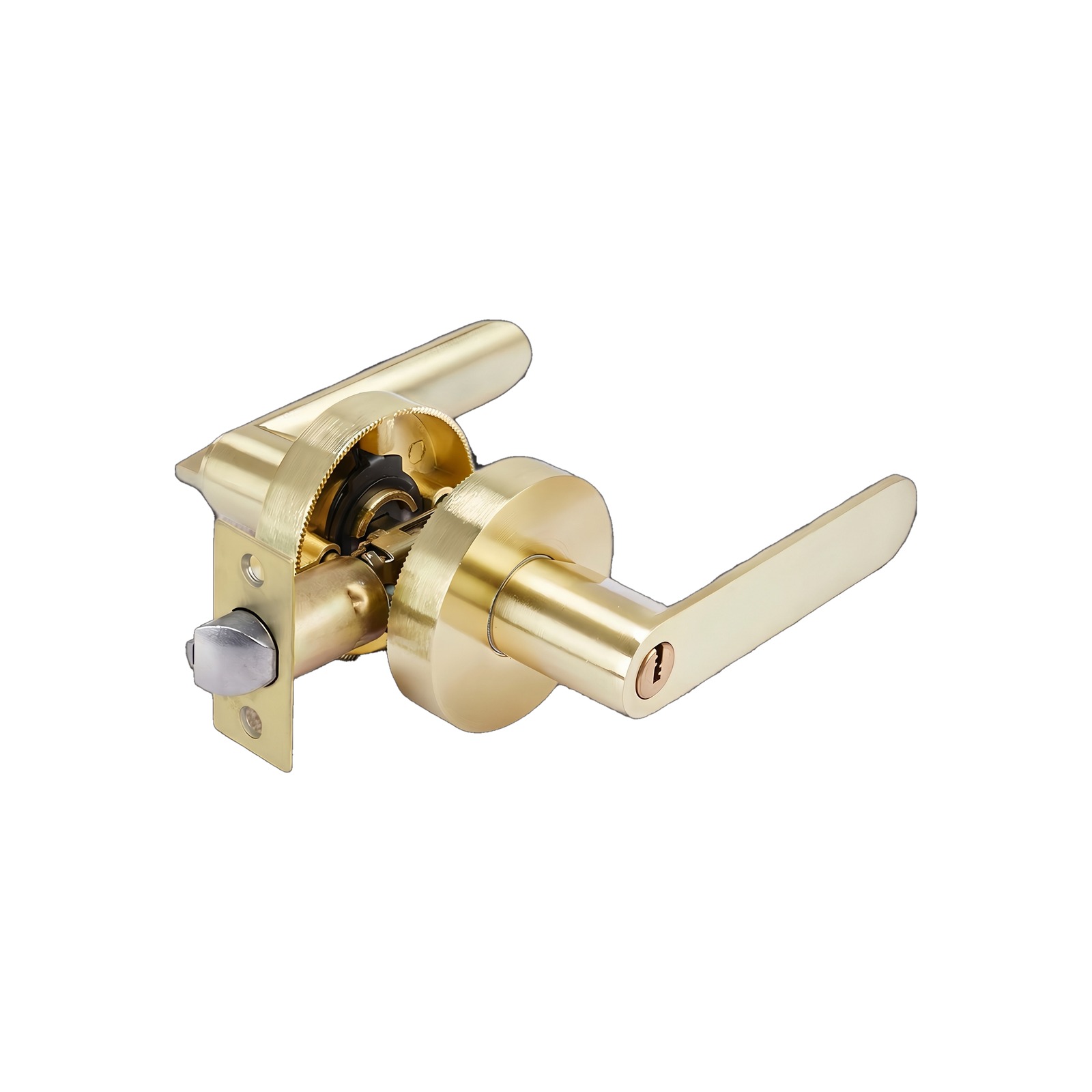 Angled view of a gold flat-lever door lock showing the lever, round rose and keyhole