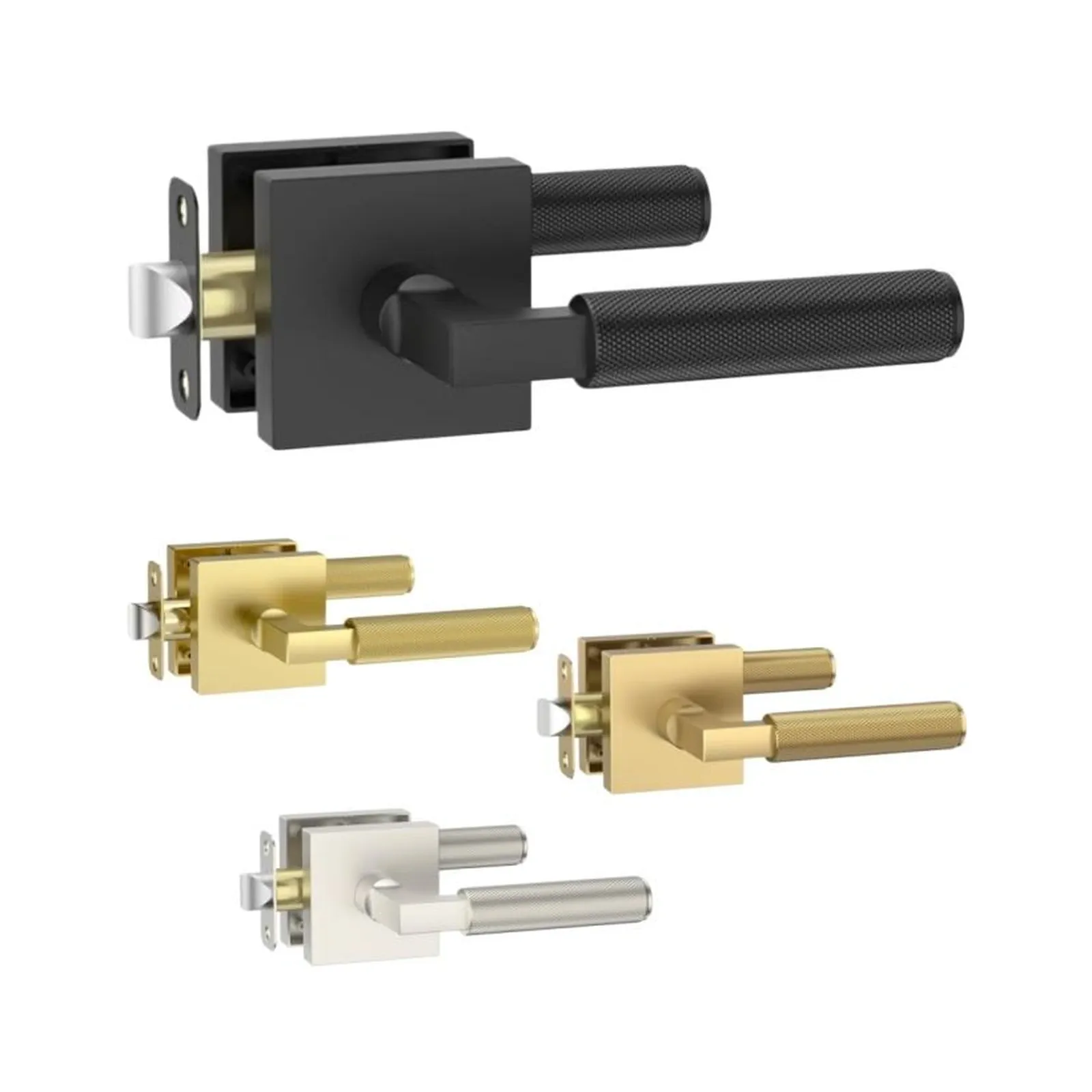 Two-sided privacy door handle lock sets with square rose plates and knurled levers shown in Matt Black, Brush Gold, Brush Nickel and Champagne Gold